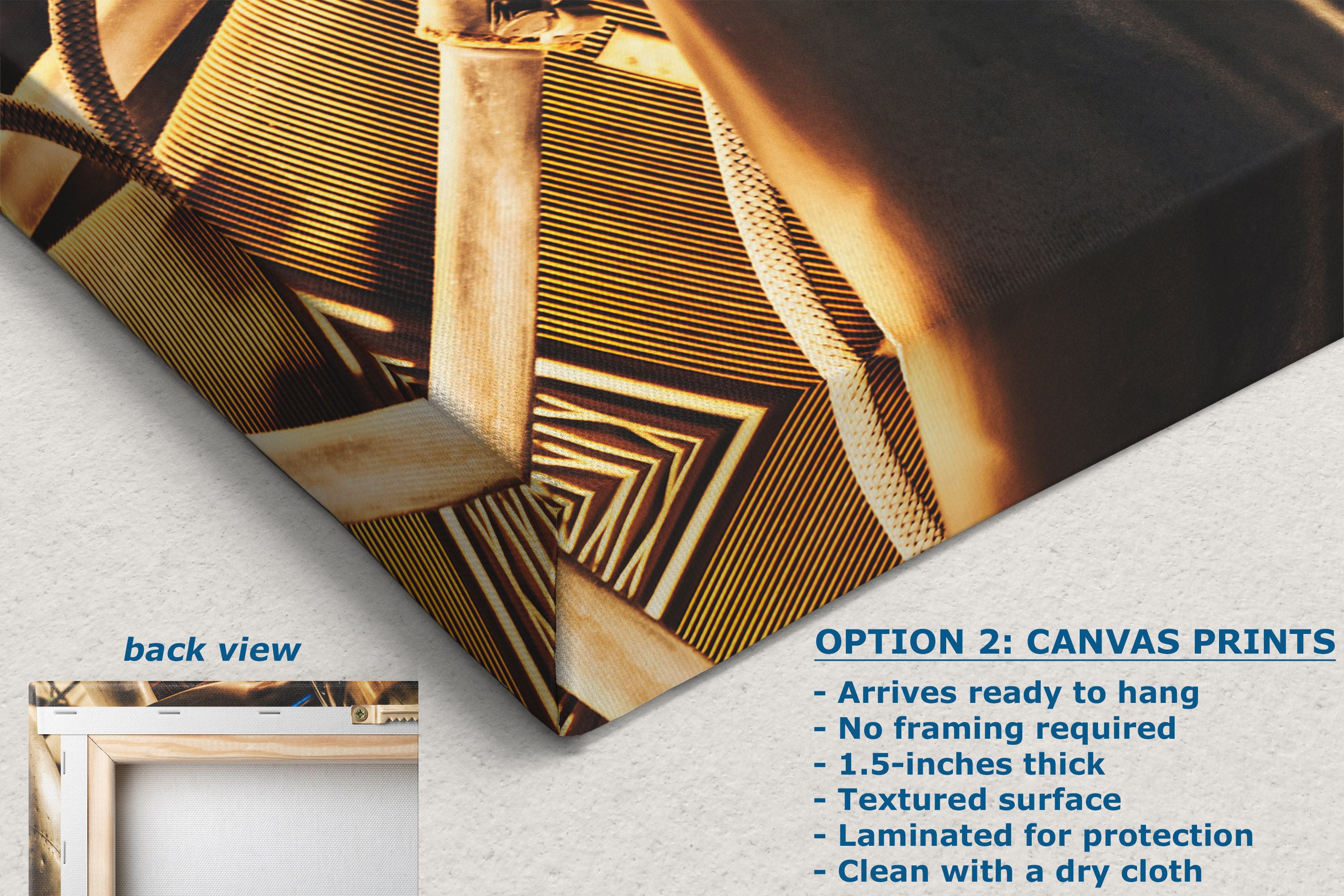 A corner view of a canvas print with gold geometric pattern on a textured surface, shown from the back view.