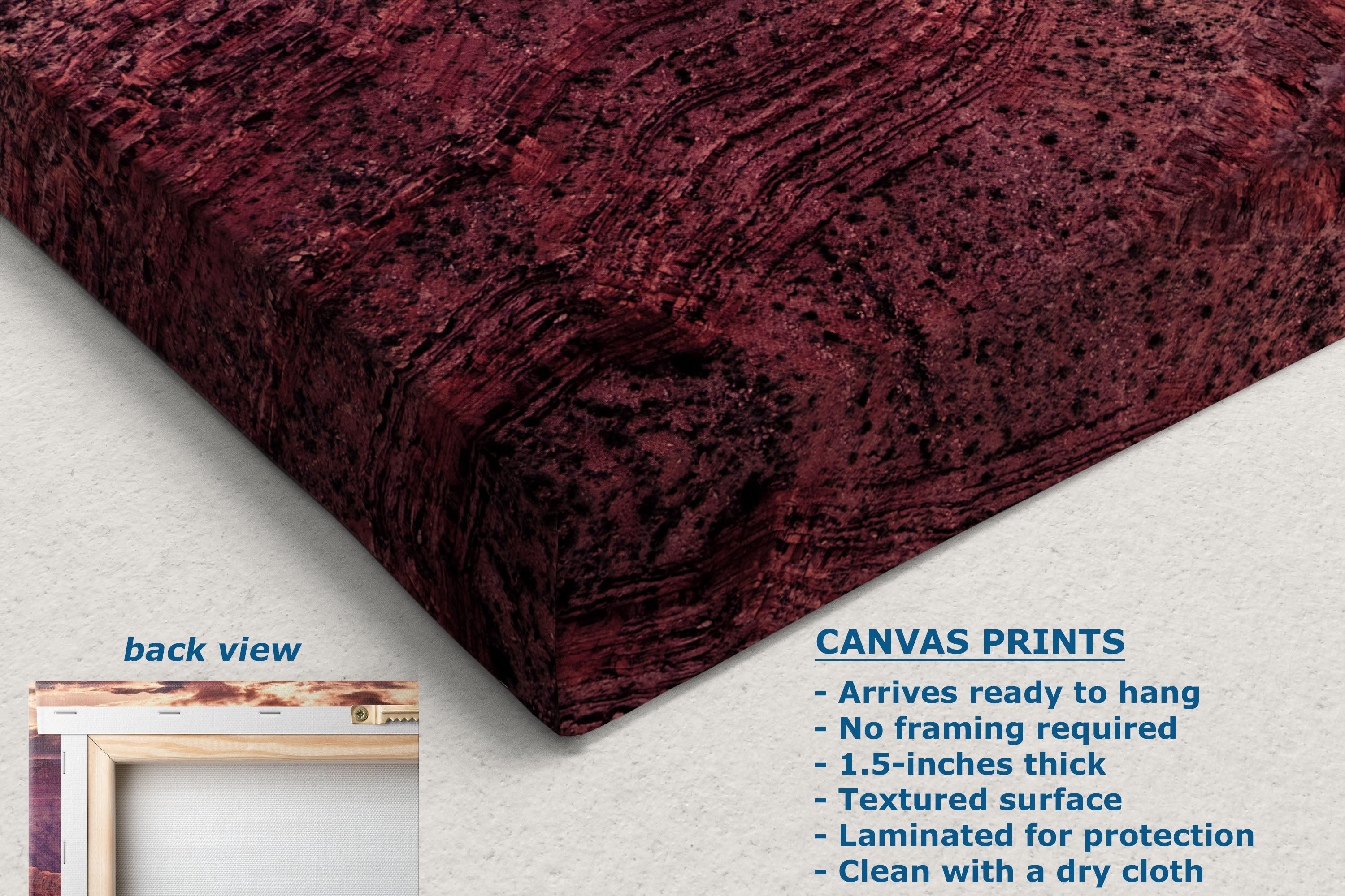 A close-up of a textured canvas print showing a dark burgundy and black abstract pattern, with a small inset labeled 'back view' and text describing canvas print features.