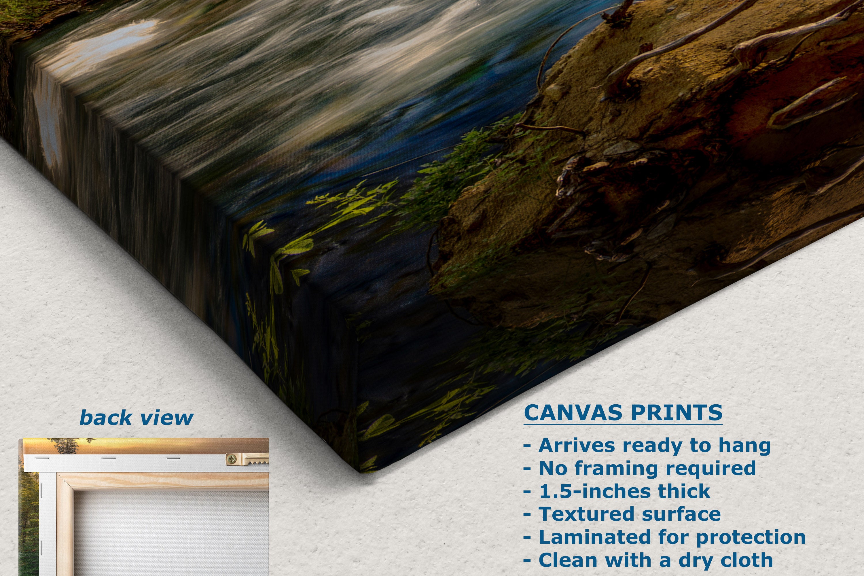A corner view of a canvas wall art print shown at an angle with a painted forest stream scene. The image includes a small inset labeled 'back view' and text describing the canvas print features.