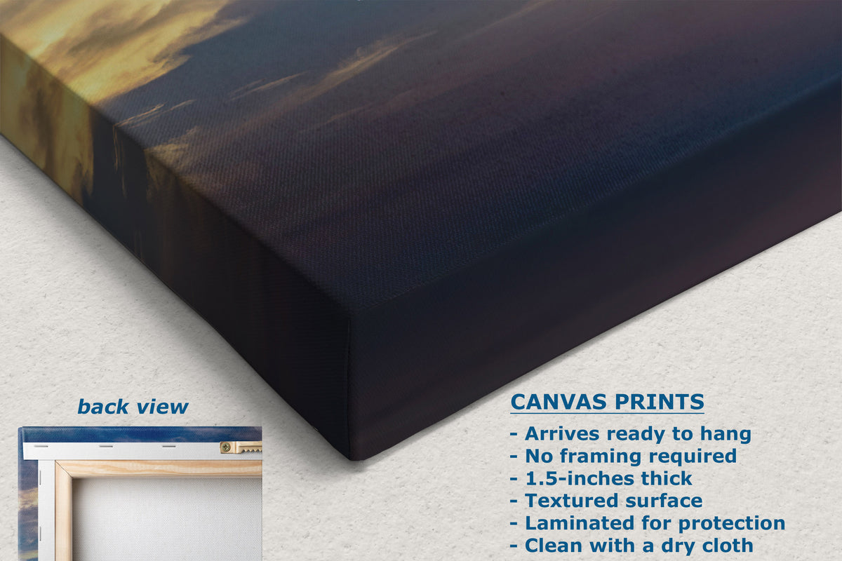 A corner view of a canvas print product shown at an angle with a dark abstract sky design, alongside a small inset labeled back view and text describing canvas print features.