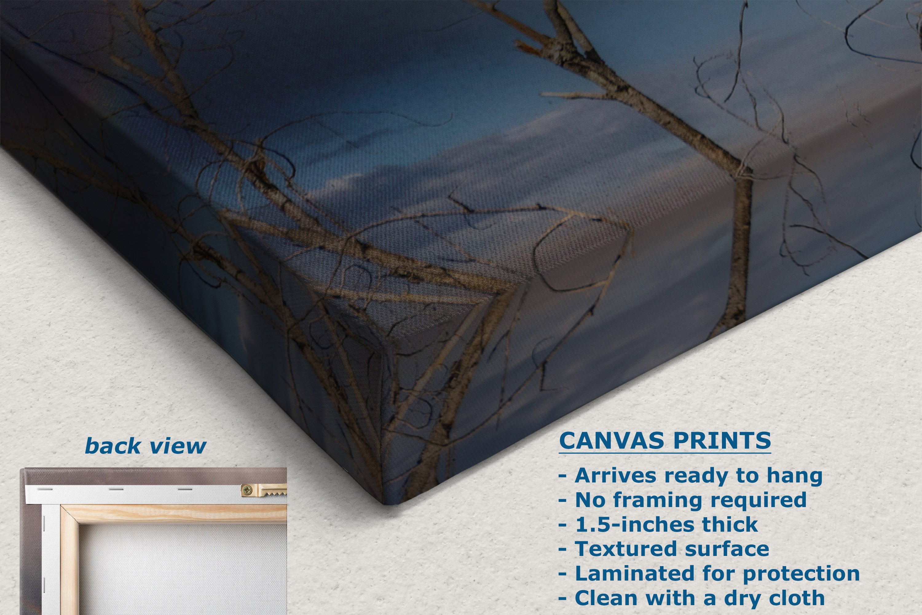 A corner view of a canvas print with a bare tree and moody sky, showing back view and product details.