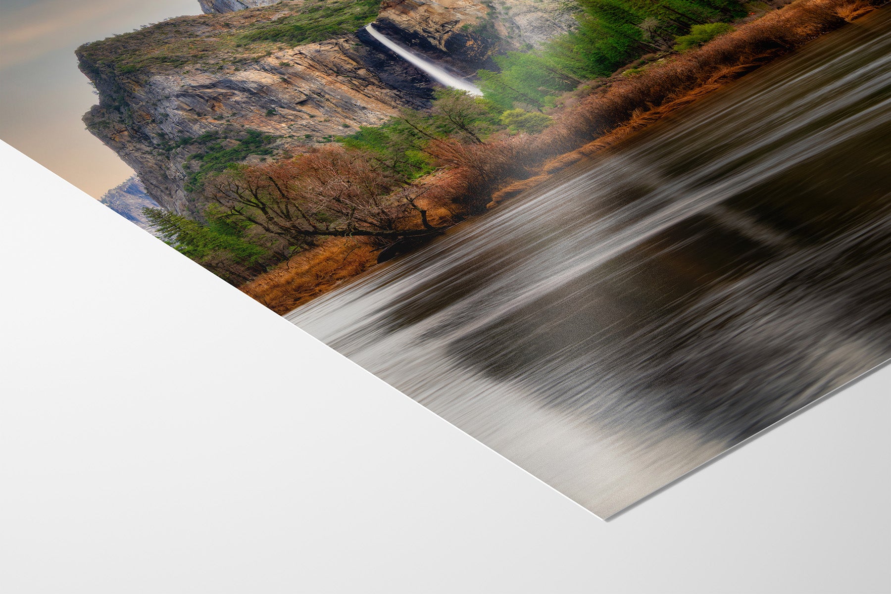 Paper print detail of fine art nature photography showing Yosemite's Bridalveil Fall and Merced River reflections