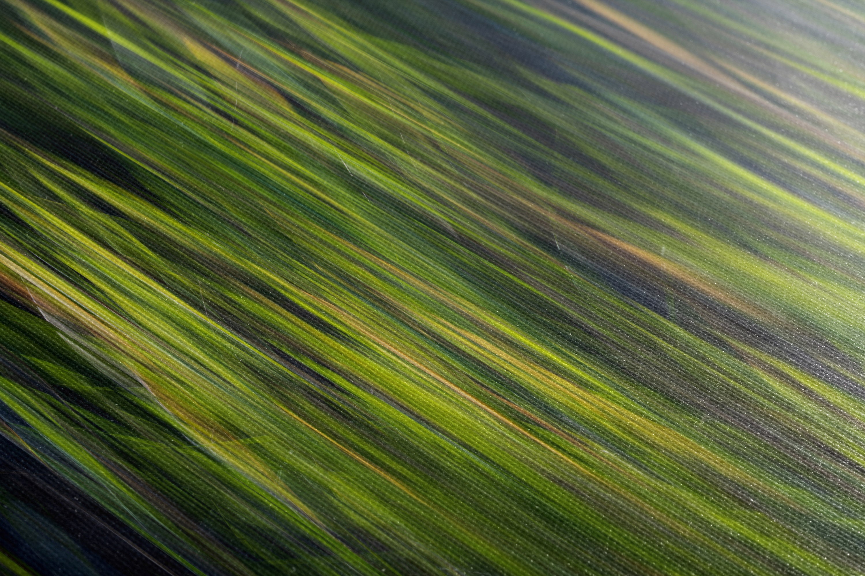 Abstract textured painting featuring diagonal strokes of green, yellow, and dark gray with a visible canvas weave pattern.