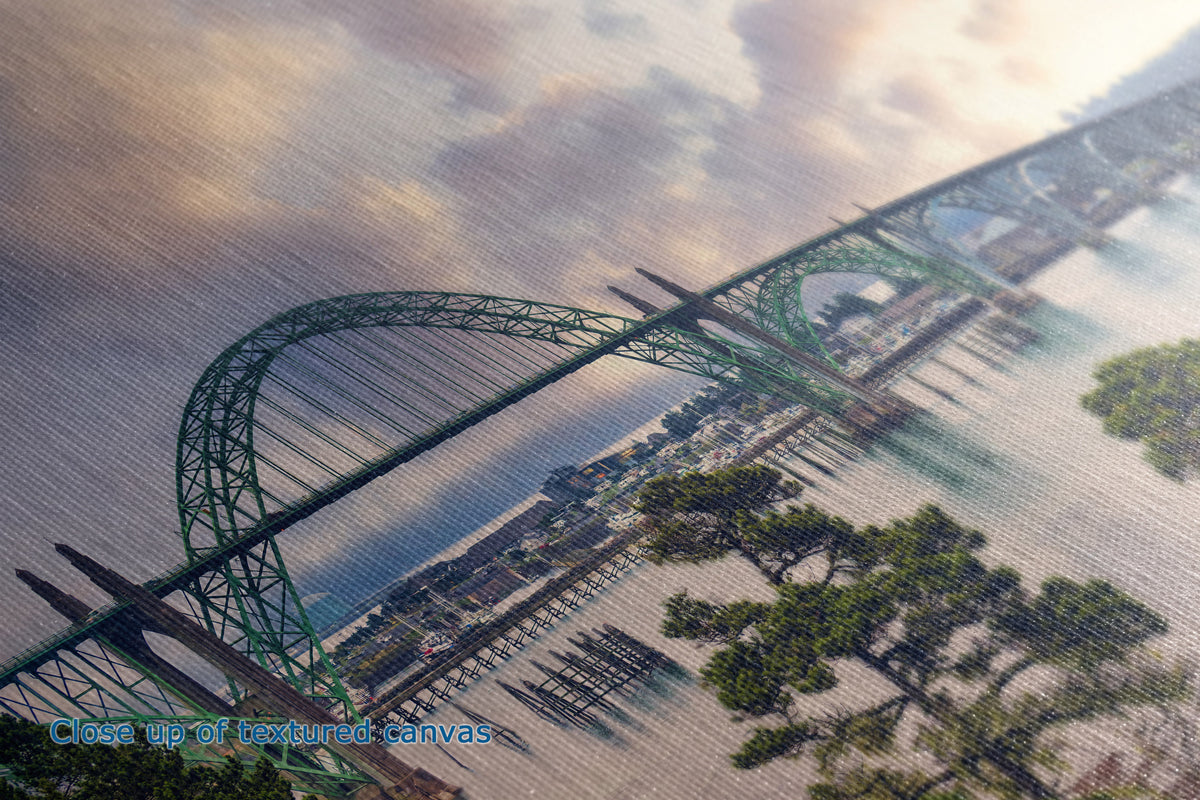 A close-up view of the texture of a canvas art print that depicts a large green arch bridge spanning over water, with a shoreline cityscape and trees under a cloudy sky.