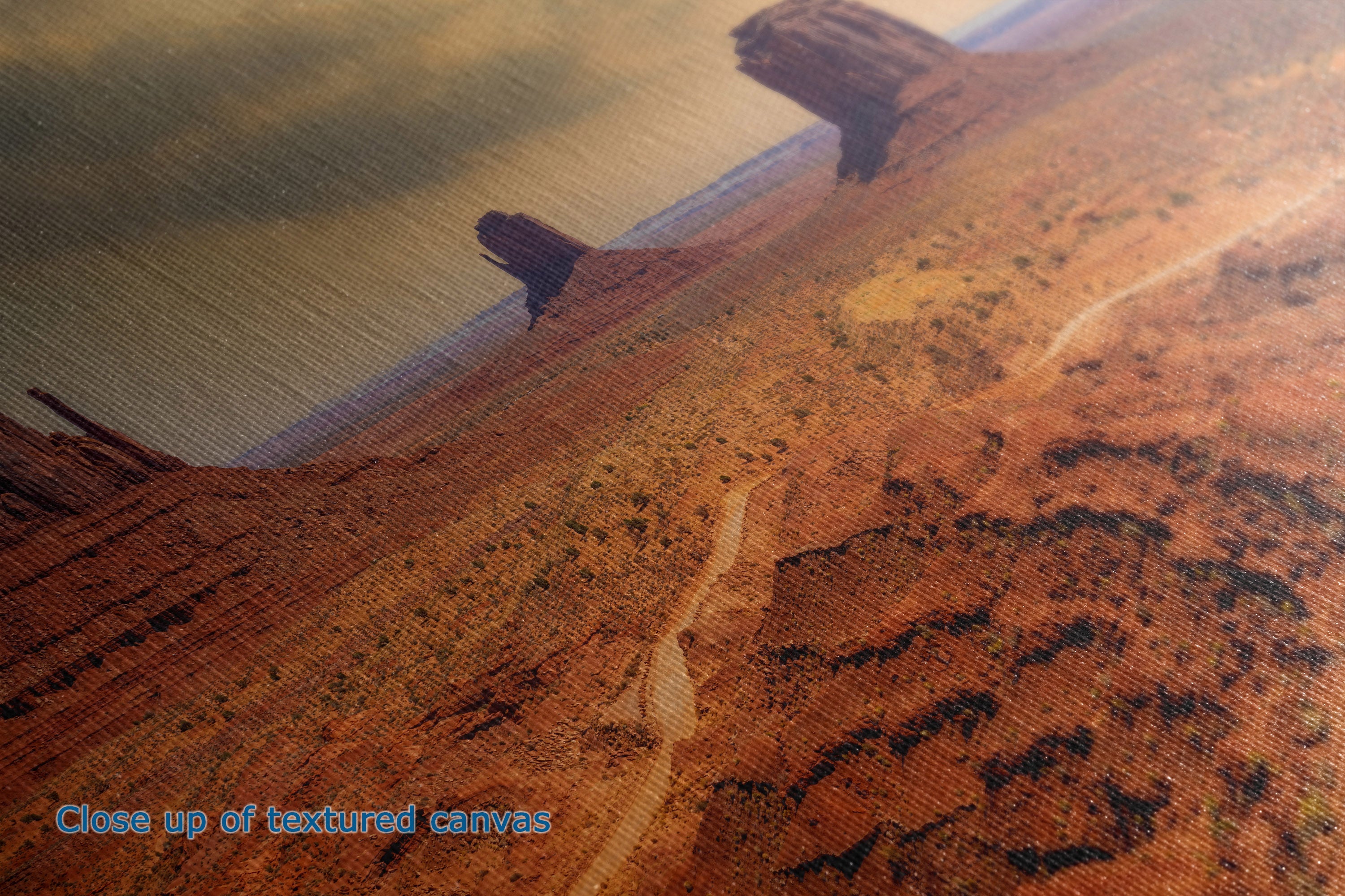 Close-up of the detail and texture of a canvas print depicting a desert landscape with reddish-brown rock formations and a pale sky, with blue text in the lower-left corner reading 'Close up of textured canvas'.