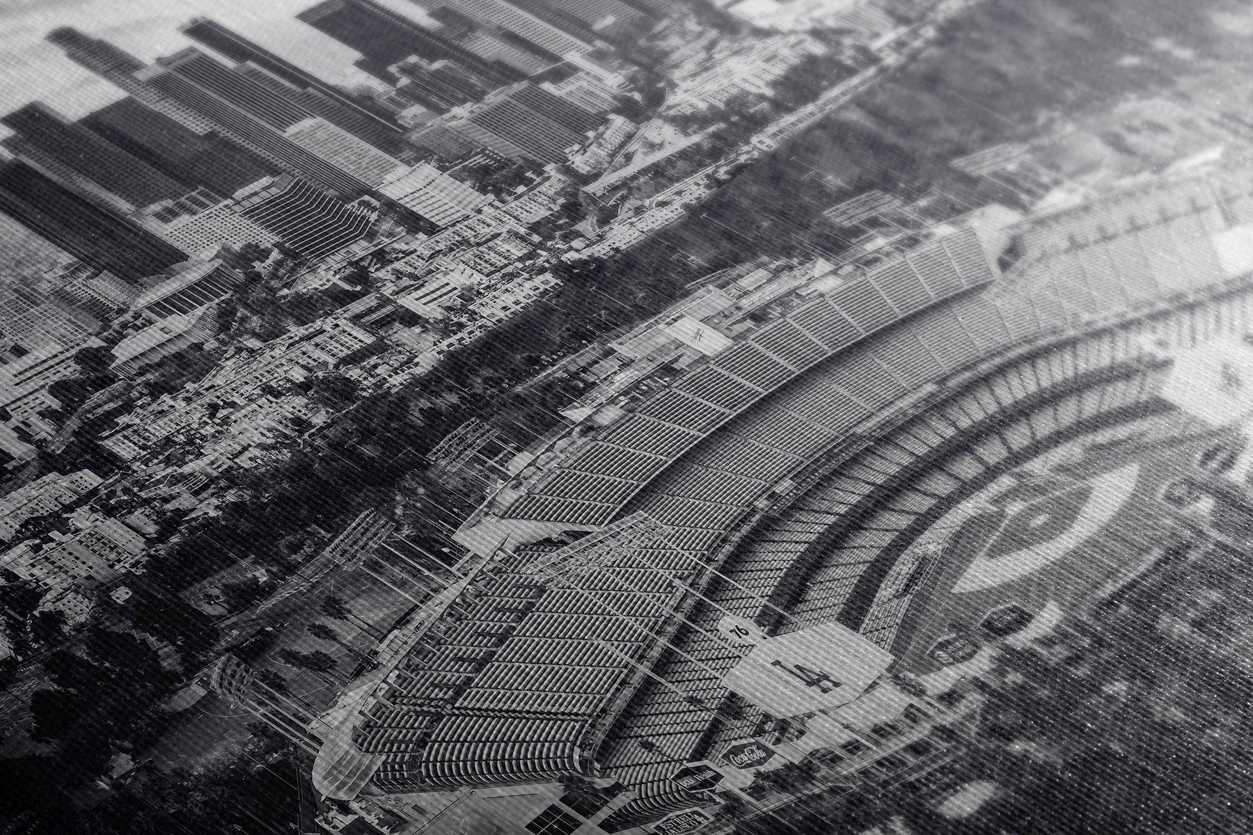 Close-up of canvas texture showing grayscale Dodger Stadium and downtown Los Angeles, black and white baseball wall art