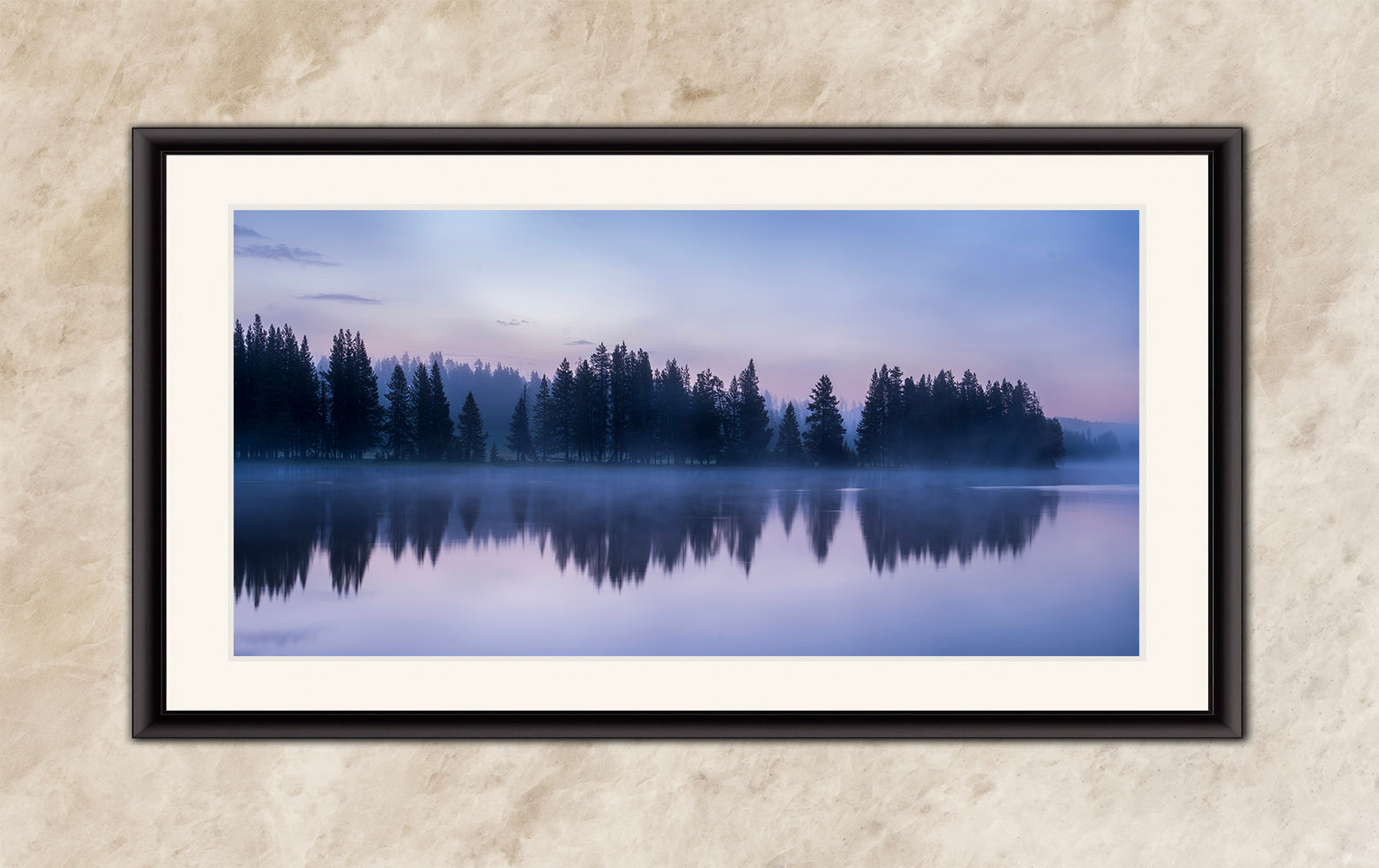 Yellowstone Lake Foggy Forest Picture, Reflection Nature Photo, Wyoming Landscape Relaxation Artwork for Meditation, Office, & House Decor
