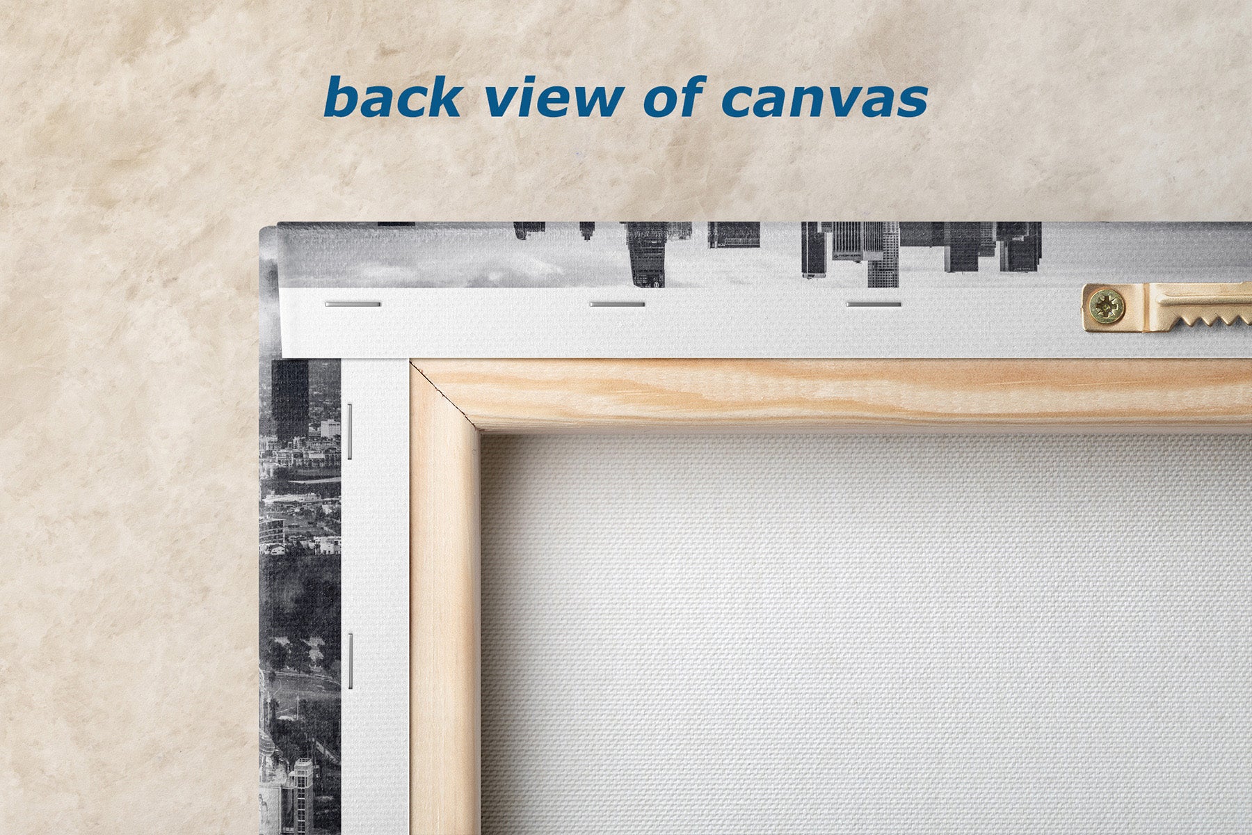 Back view of gallery-wrapped black and white canvas print of Dodger Stadium and Los Angeles, monochrome baseball wall art ready to hang