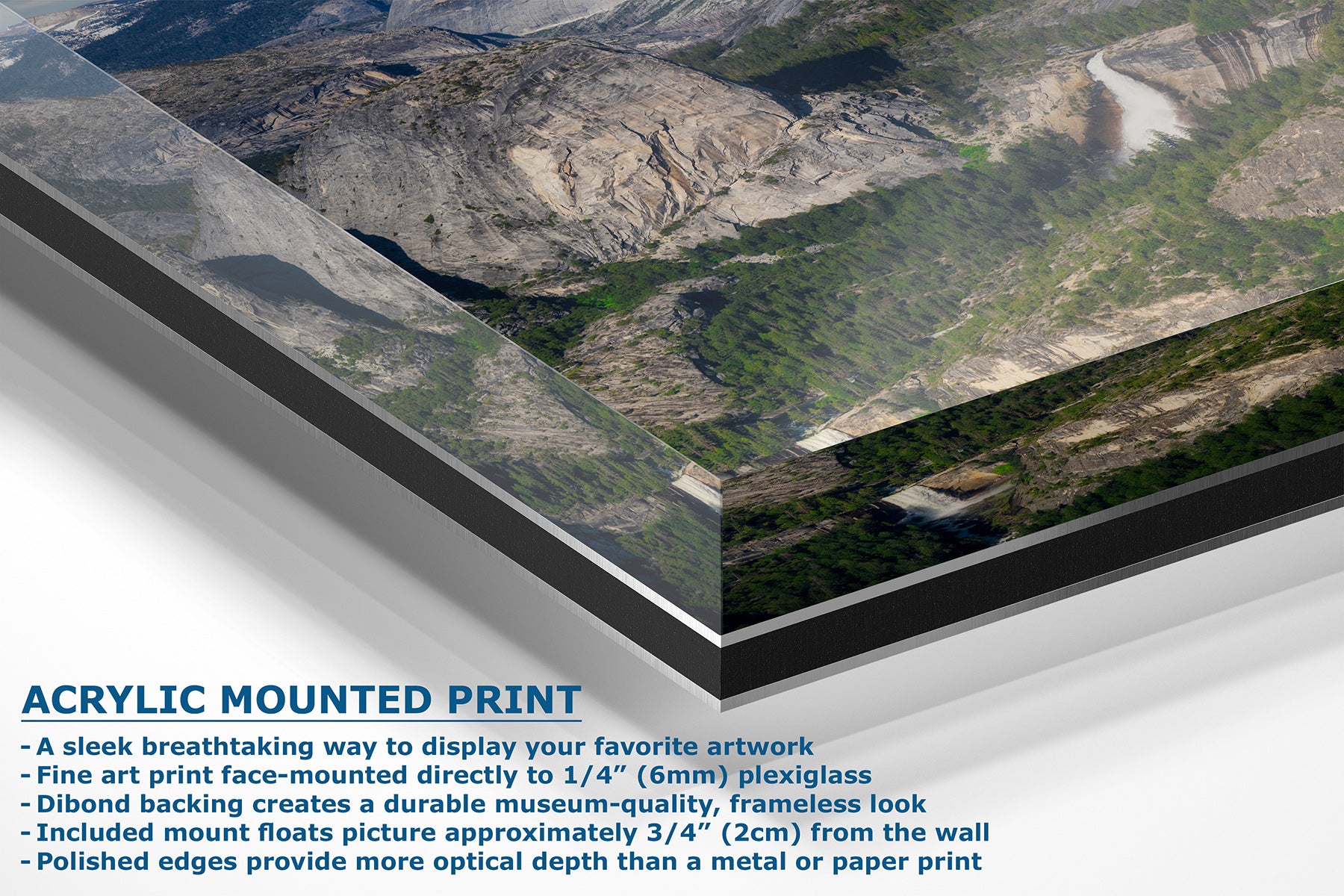 Acrylic mounted art print showing a mountain landscape with a river, presented at an angle with descriptive text on a white background.