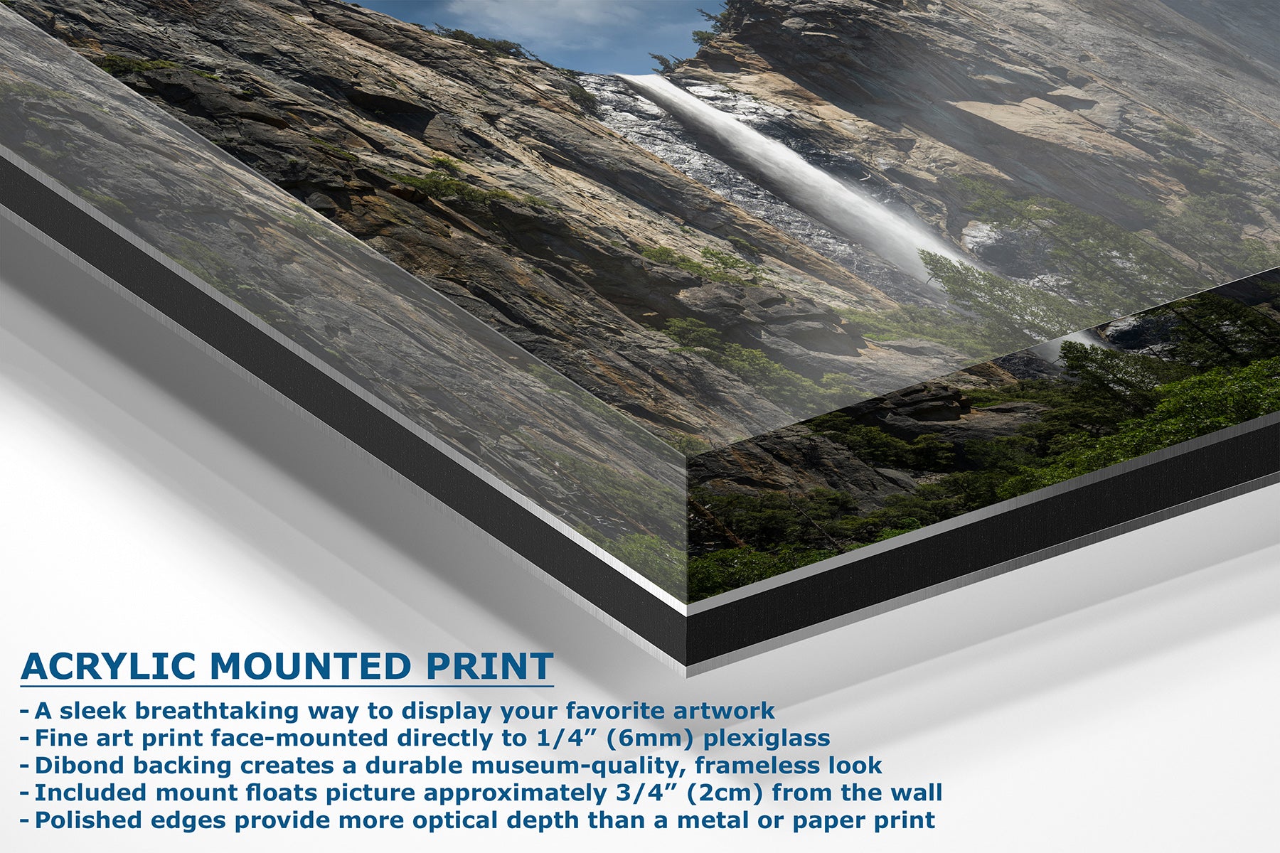 Acrylic mounted art print display showing a waterfall landscape artwork with descriptive text on a white background.