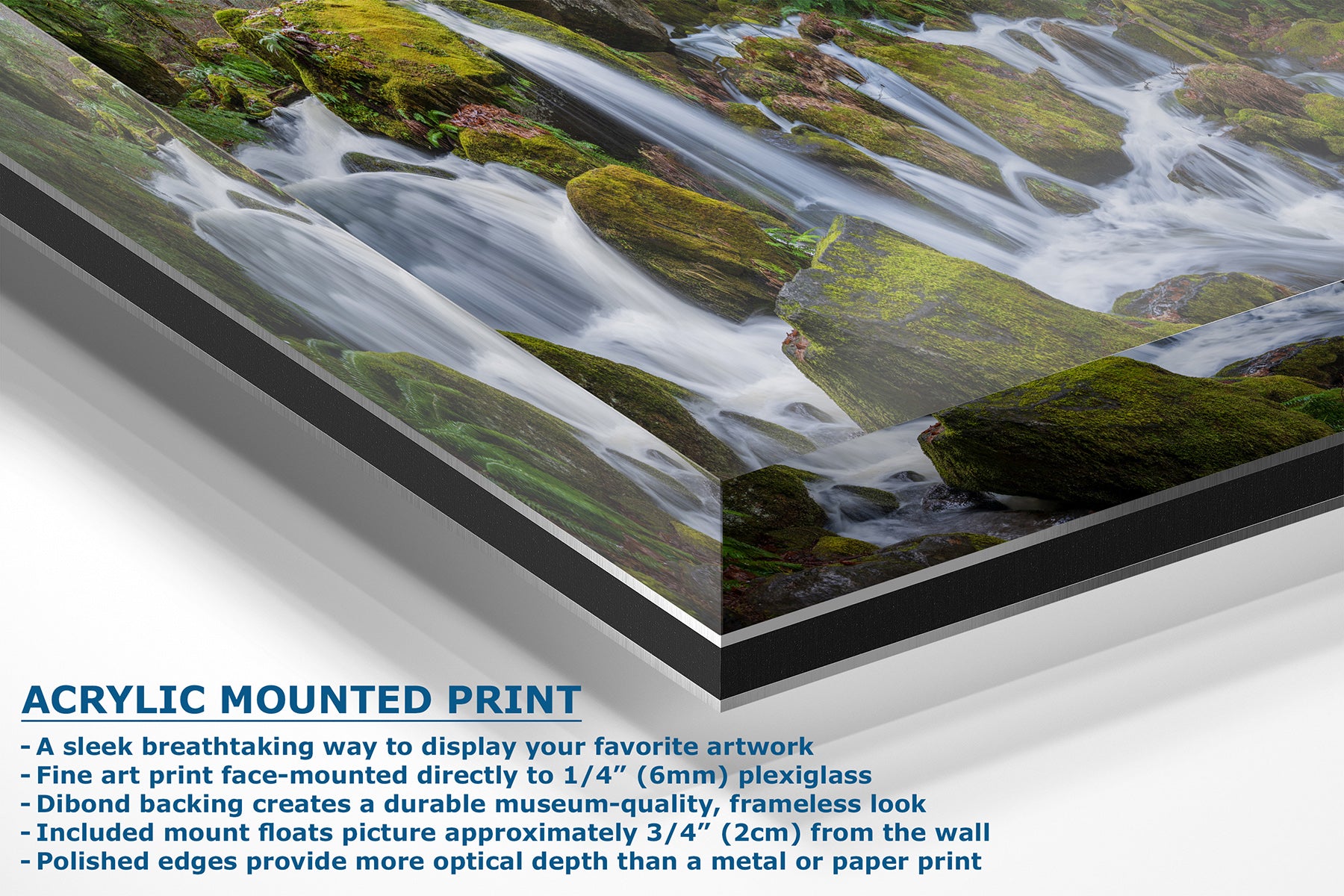 Acrylic mounted art print of a waterfall over mossy rocks, shown at an angle with product details and text overlays on a white background.