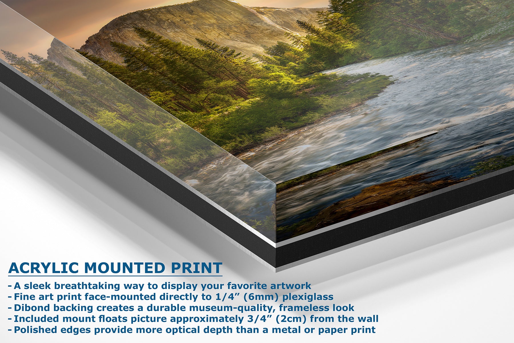 Acrylic mounted art print of a mountain river landscape, shown at an angle with descriptive text detailing its frameless display and museum-quality backing.