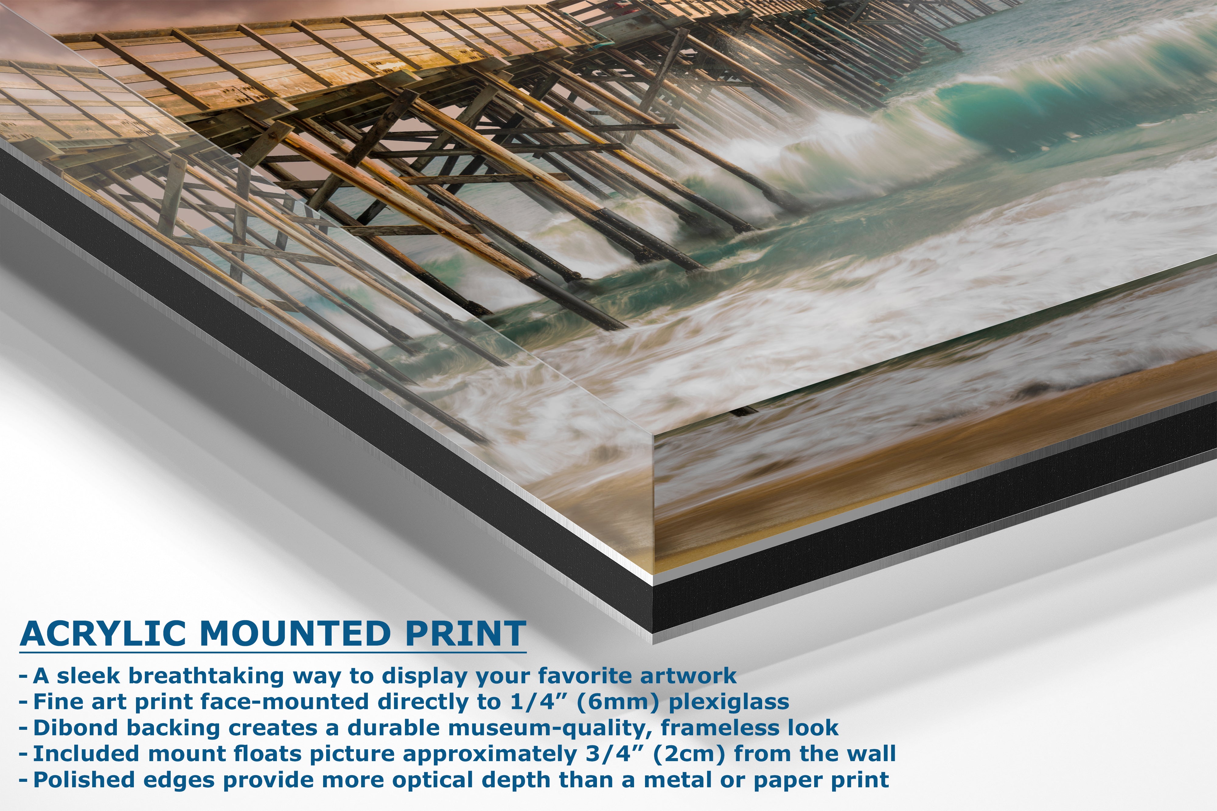 Limited Edition Fine Art Photography Ocean Picture, California Coastline Rolling Waves Under Pier