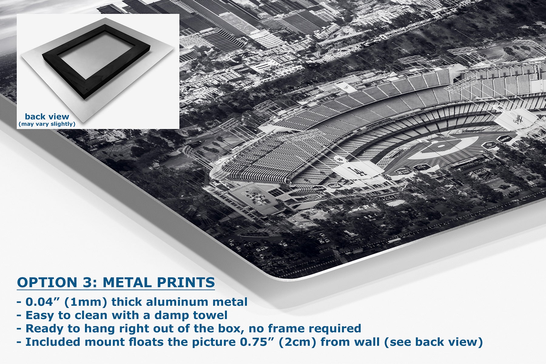 Aluminum metal print of black and white Dodger Stadium and the downtown Los Angeles skyline, monochrome baseball wall art