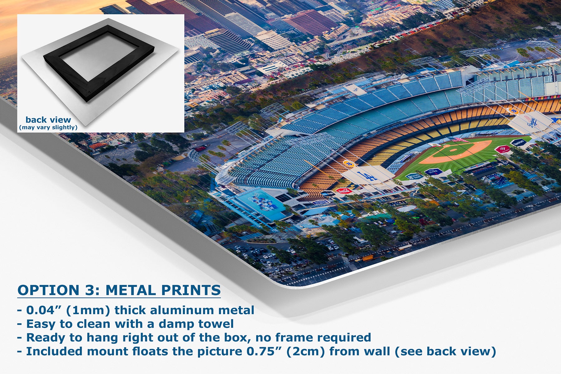 Aluminum metal print of Dodger Stadium and the downtown Los Angeles skyline at sunset, baseball wall art