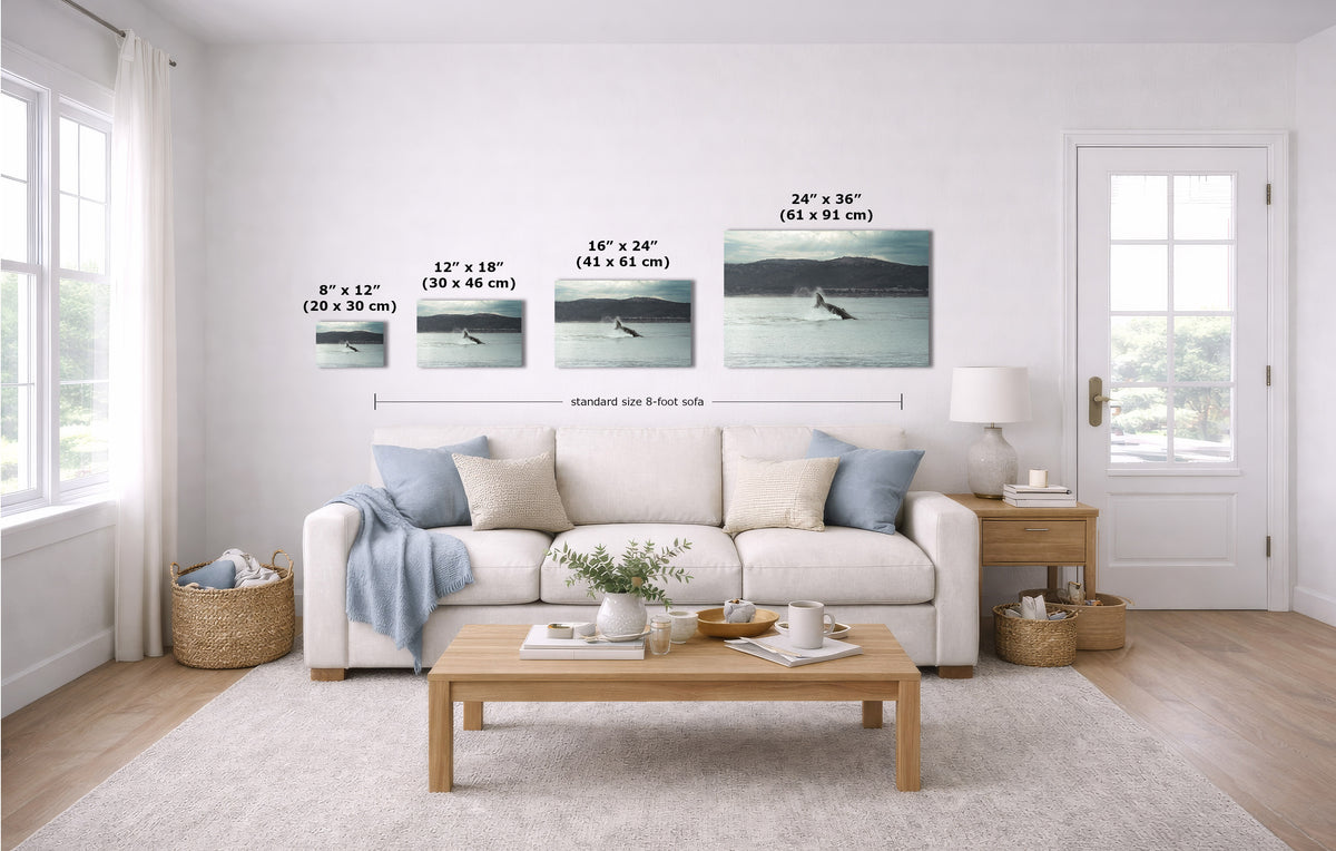 A staged living room shows a white sofa, coffee table, rug, and wall art. The wall art consists of four horizontal prints with overlaid size labels and a dimension line indicating a standard 8-foot wall spacing.