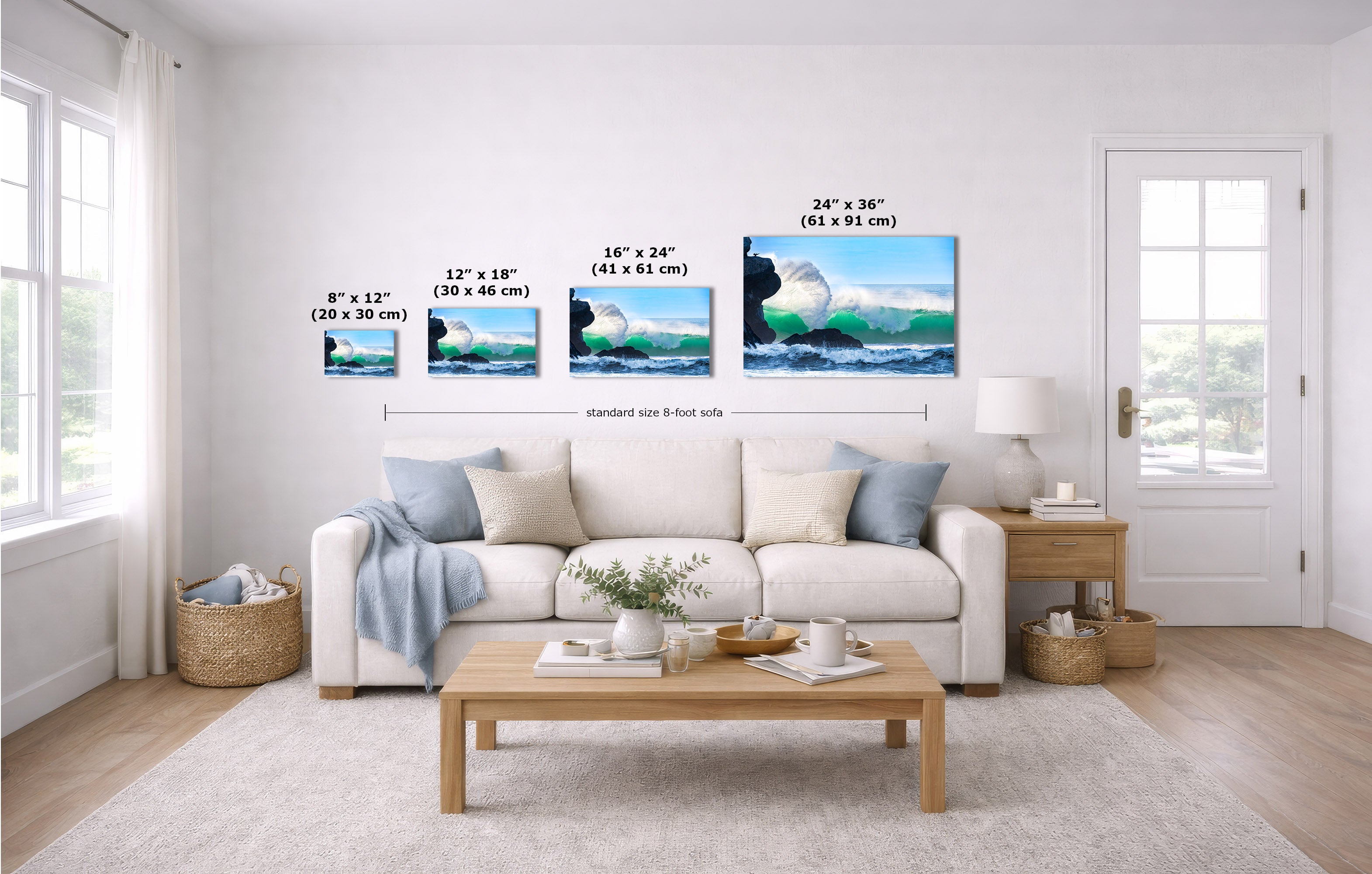 A staged living room shows four wall art prints above a white sofa, with overlaid size labels for each print. Because a real interior environment is present, this is Lifestyle rather than Product/Packaging, even though the prints are the product.