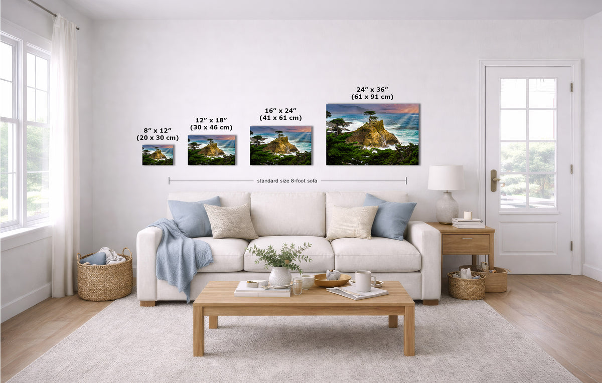 A staged living room shows a set of four wall art prints above a white sofa, with overlaid size labels for each print. Because a real interior environment is clearly present, this is Lifestyle rather than Product/Packaging, even though the prints are the product.