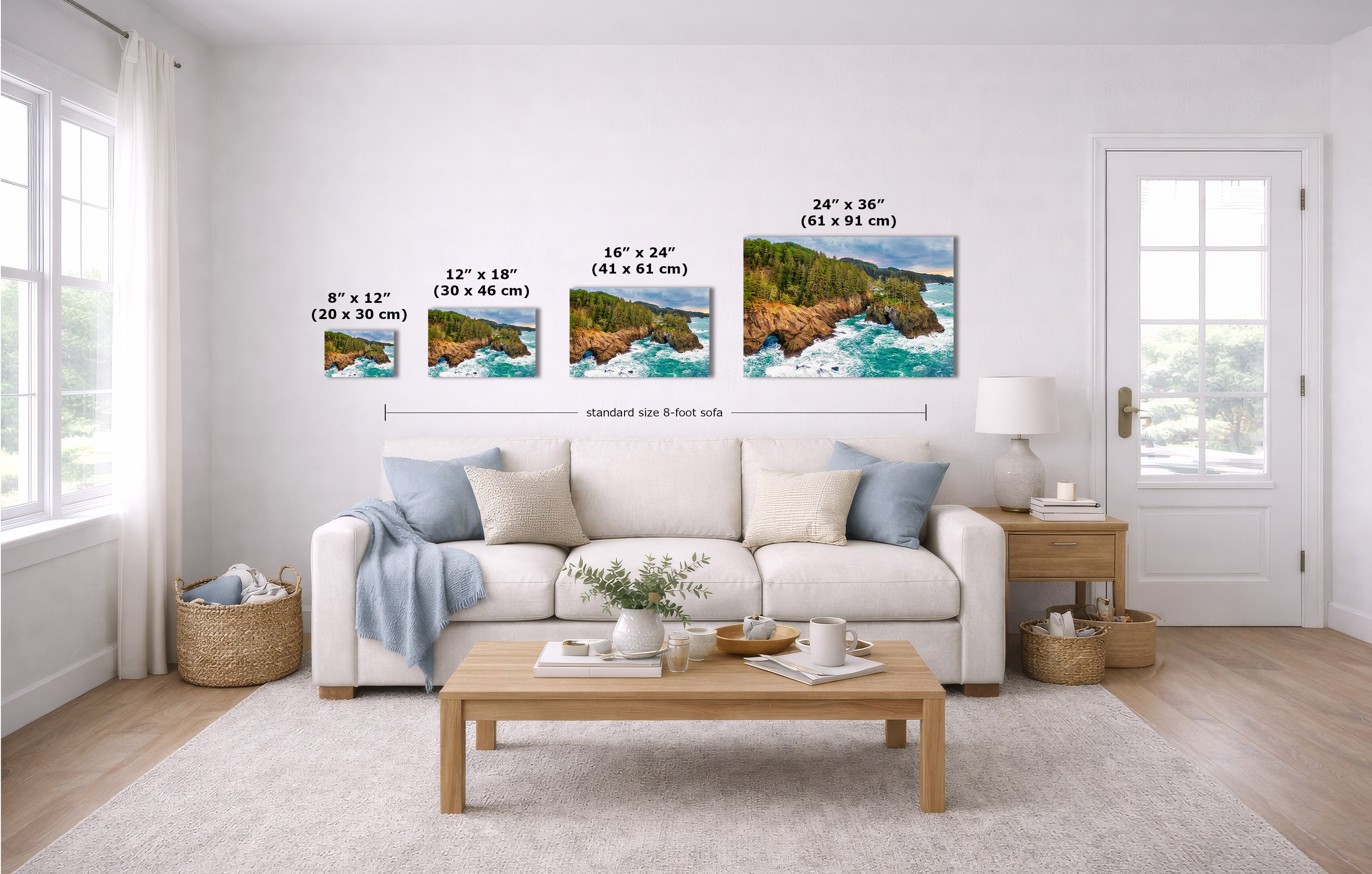 A staged living room shows four coastal landscape wall art prints above a white sofa, with size labels for each print ranging from 8 x 12 to 24 x 36 inches.