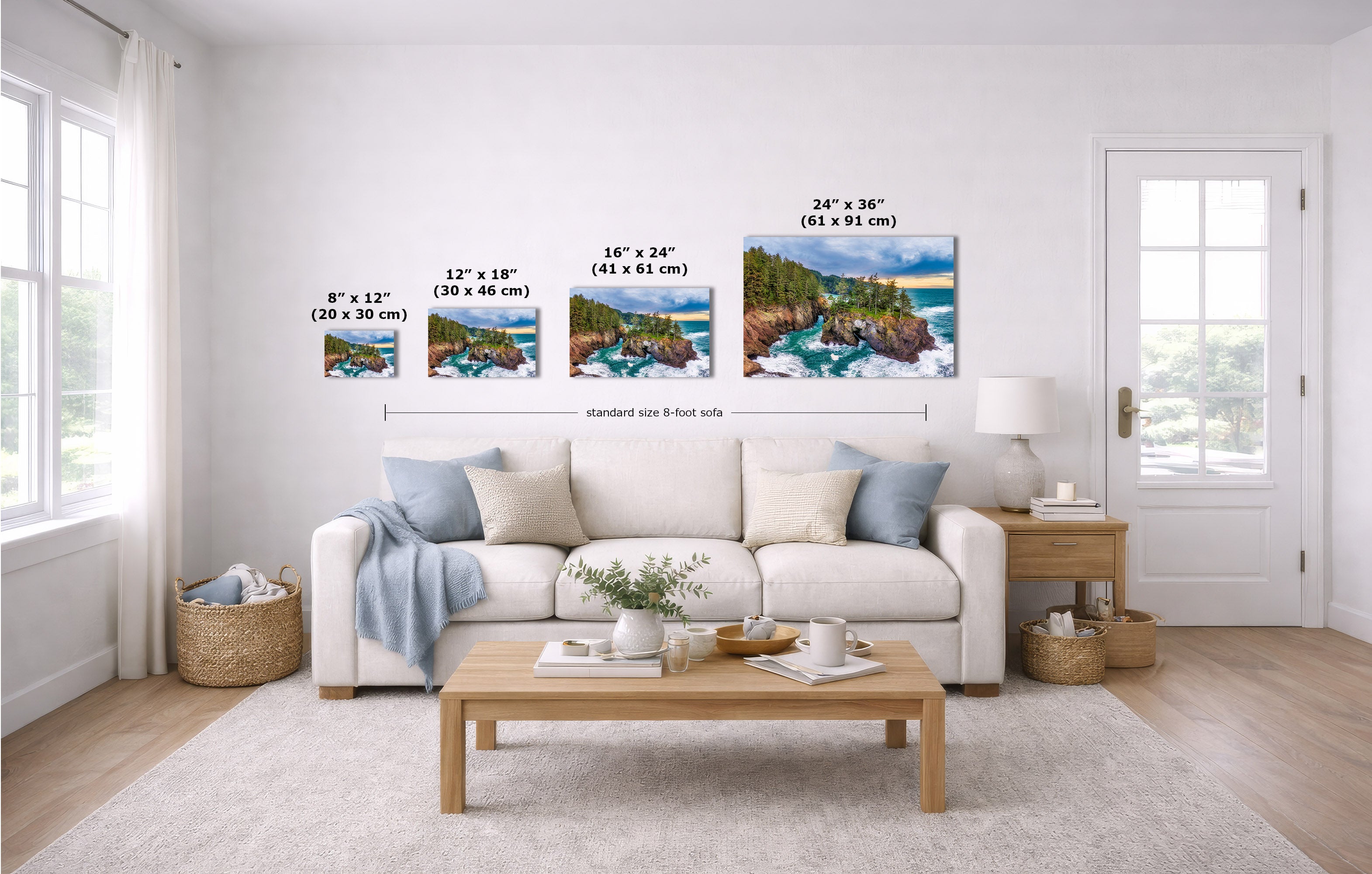 A staged living room shows four coastal landscape wall art prints above a white sofa, with size labels and dimension lines indicating each print's dimensions.
