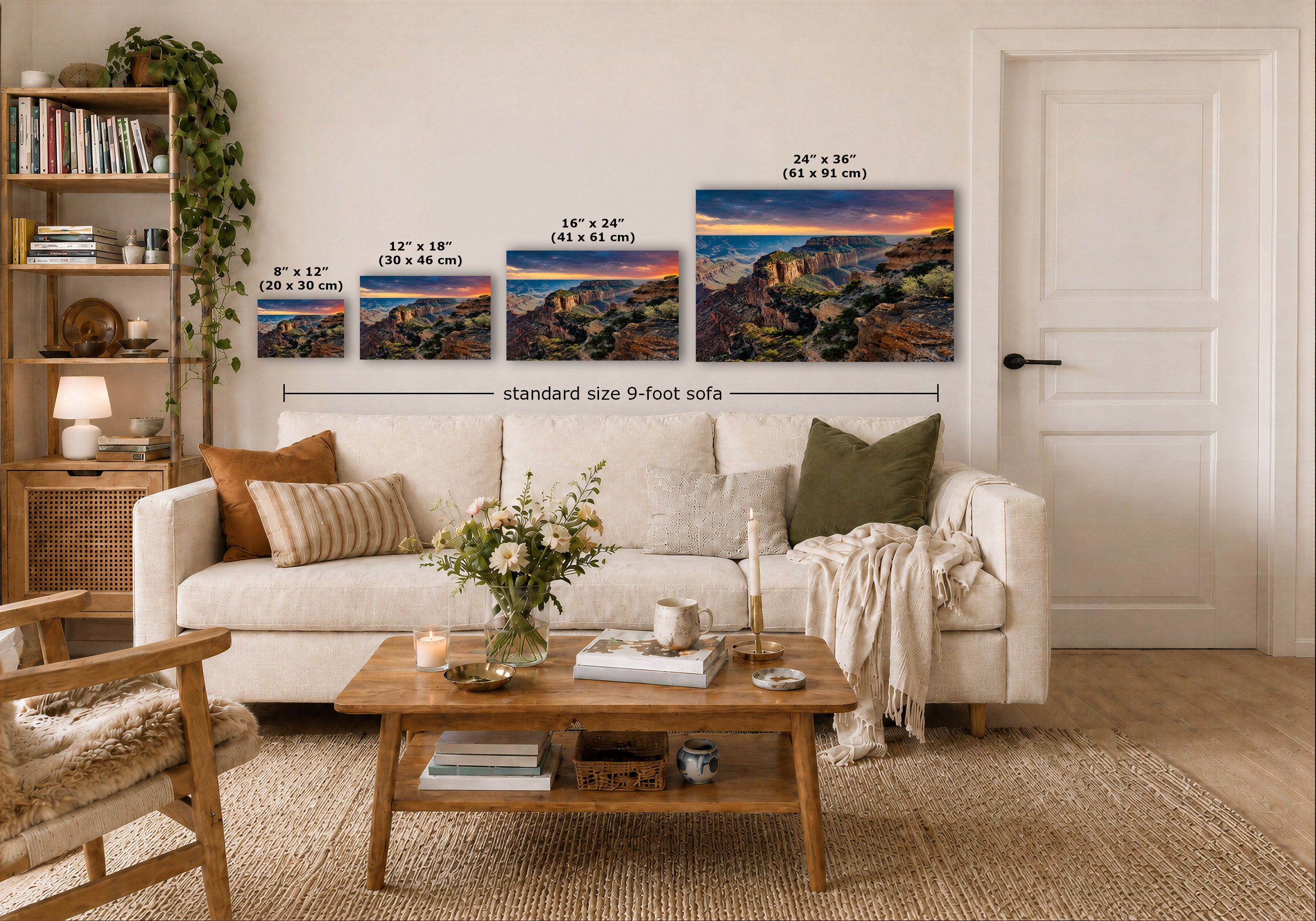 A staged living room shows a white sofa, wooden coffee table, shelving, and a wall with three landscape prints above the couch. The prints include size callouts in inches and a note reading 'standard size 9-foot sofa.