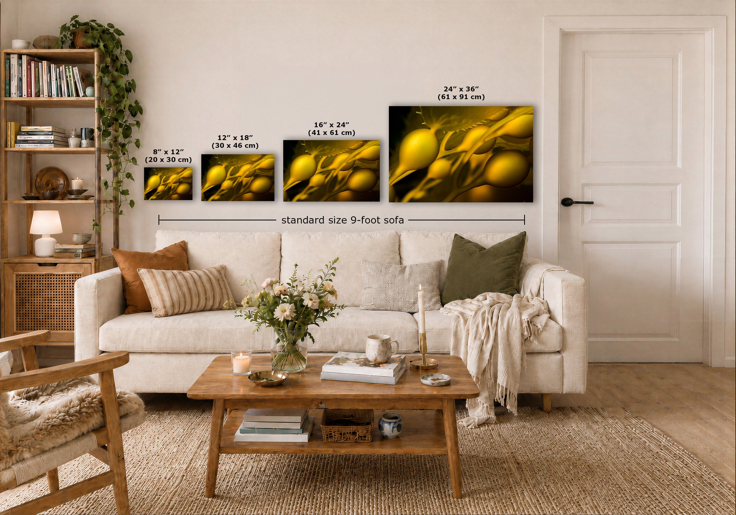 A styled living room showing four underwater abstract yellow artwork prints of California Giant Kelp mounted above a white sofa, with size labels for each frame and a 9-foot sofa width reference. The room includes a wooden coffee table, rug, shelving, and a white door.
