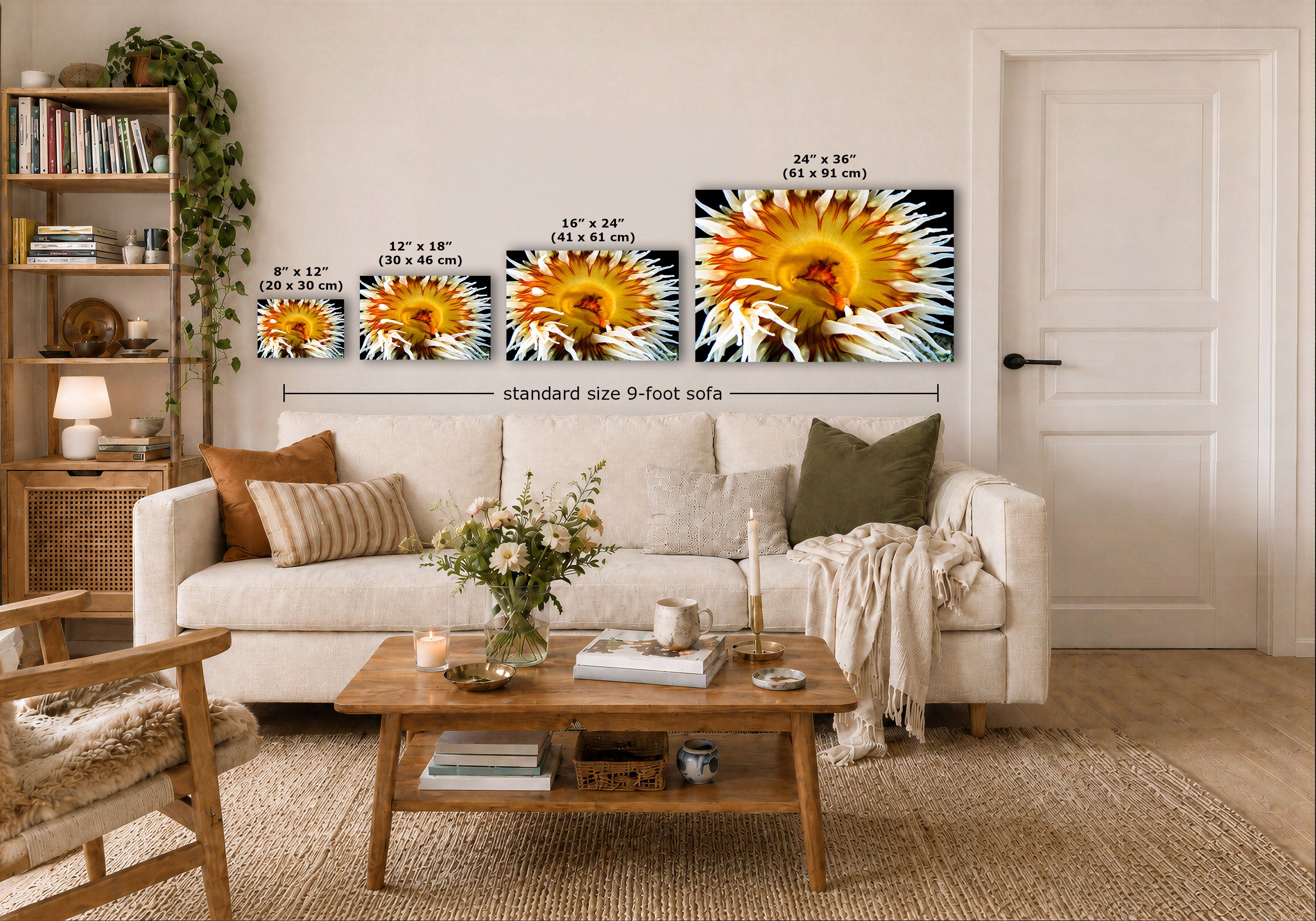 A staged living room showing four framed wall art prints in different sizes mounted above a sofa, with dimension labels indicating 8 x 12, 12 x 18, 16 x 24, and 24 x 36 inch sizes. The prints depict a bright yellow and orange anemone on dark backgrounds.