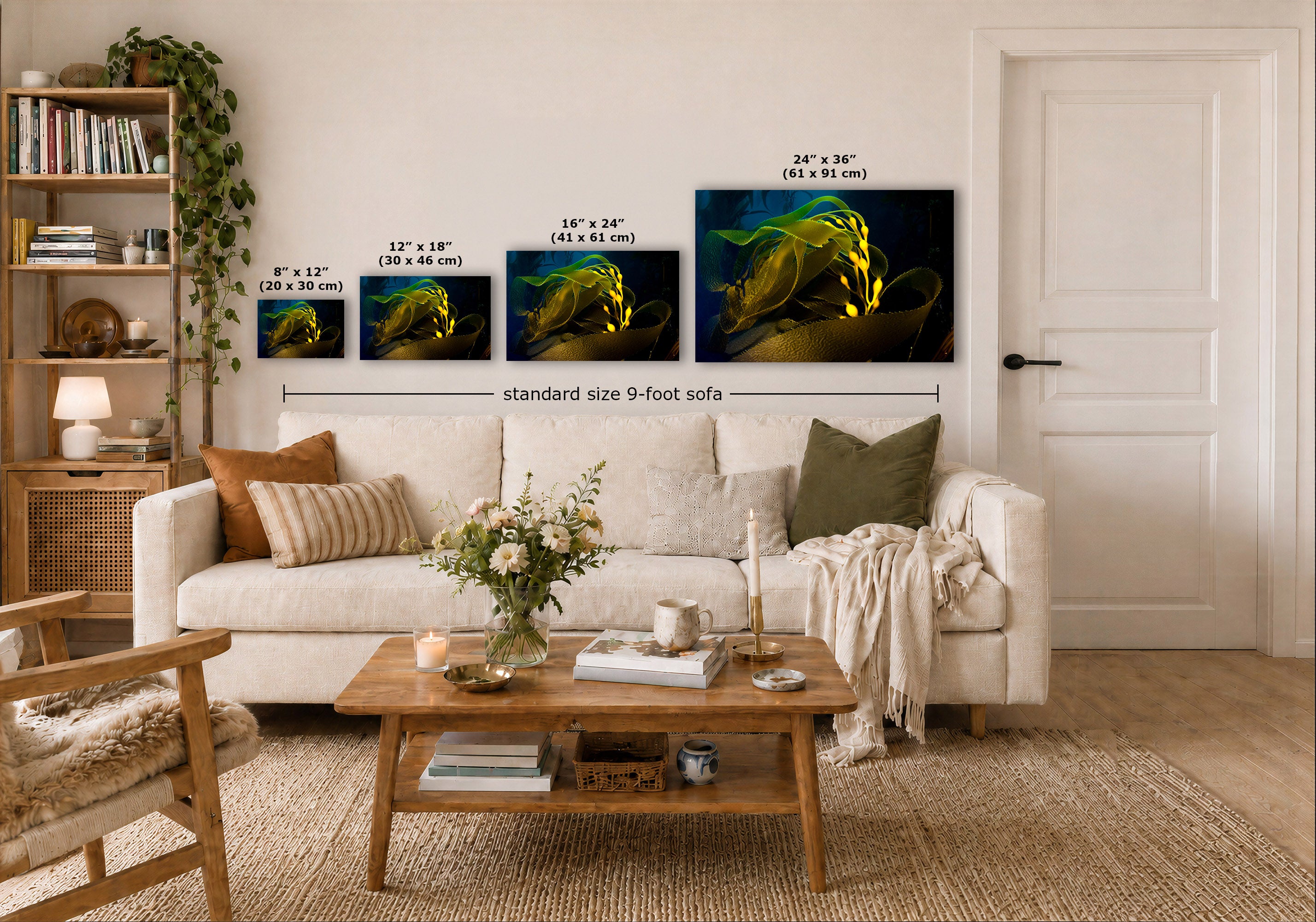 A styled living room showing four wall art prints above a white sofa, with dimension labels indicating sizes from 8 x 12 to 24 x 36 inches and a note for a standard size 9-foot sofa.