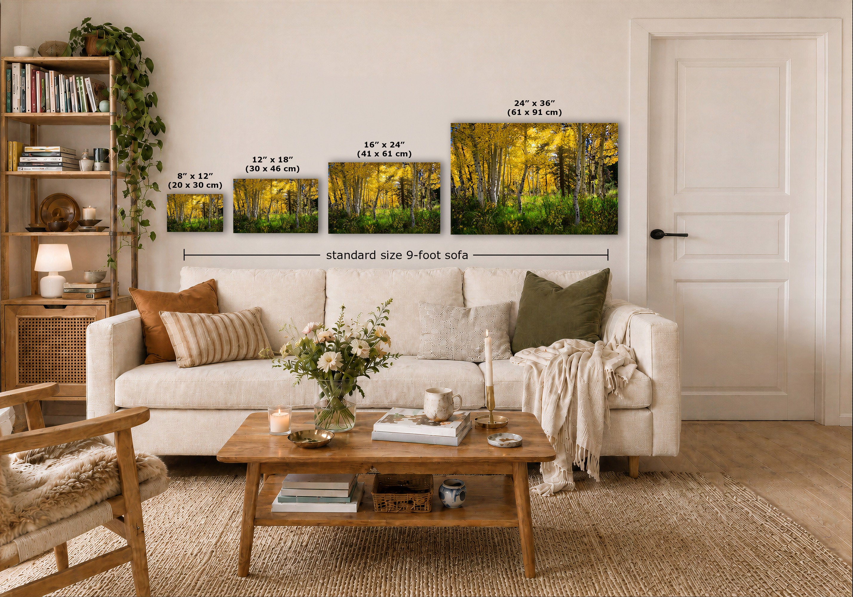 A staged living room shows a white sofa, wooden coffee table, shelving, and a wall-mounted set of four forest art prints with overlaid size labels and a dimension line reading standard size 9-foot sofa.