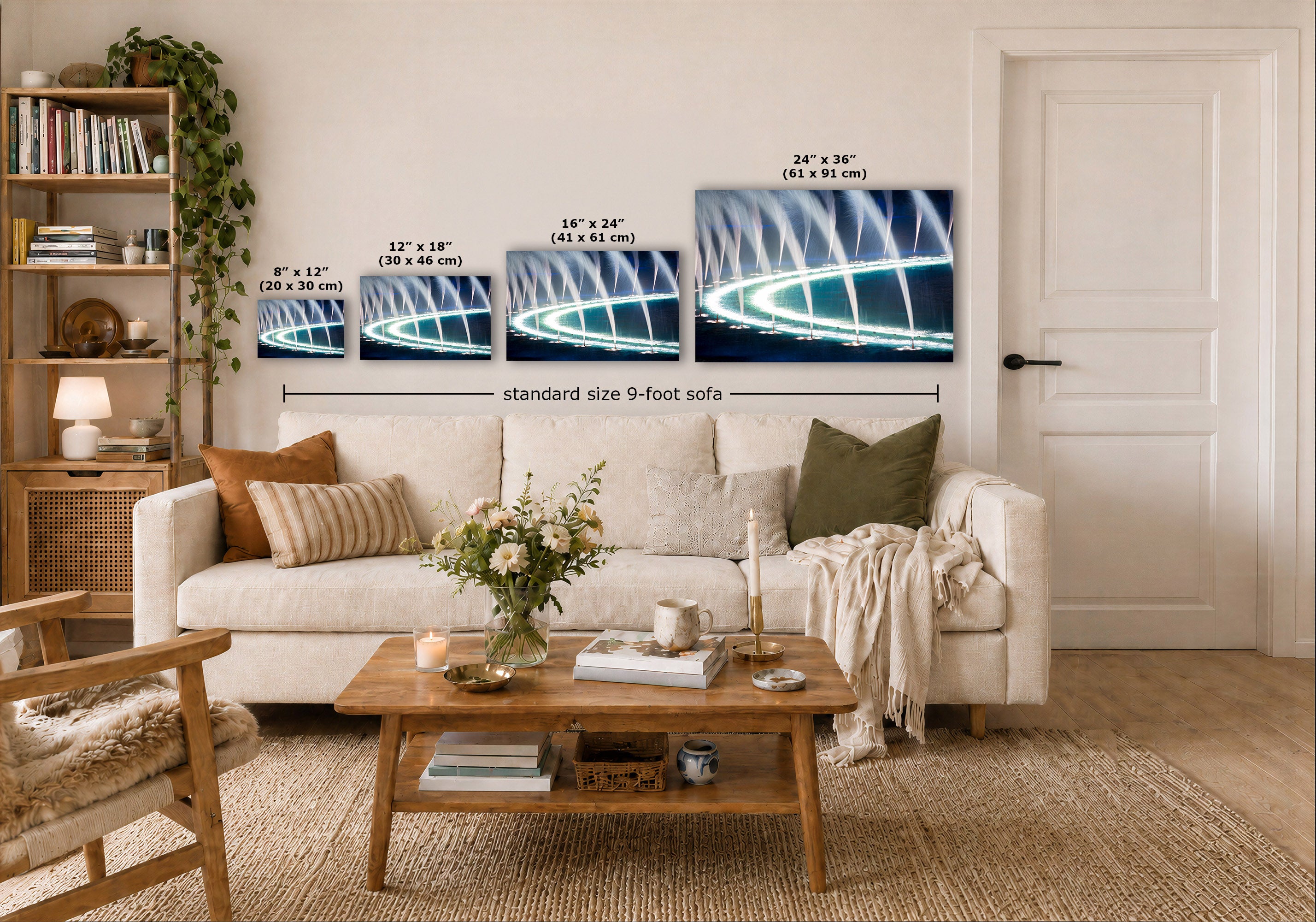 A staged living room showing four wall art prints above a white sofa, with size callouts indicating 8 x 13, 12 x 19, 14 x 24, and 24 x 29 inches. The prints depict glowing blue curved light patterns on a dark background.