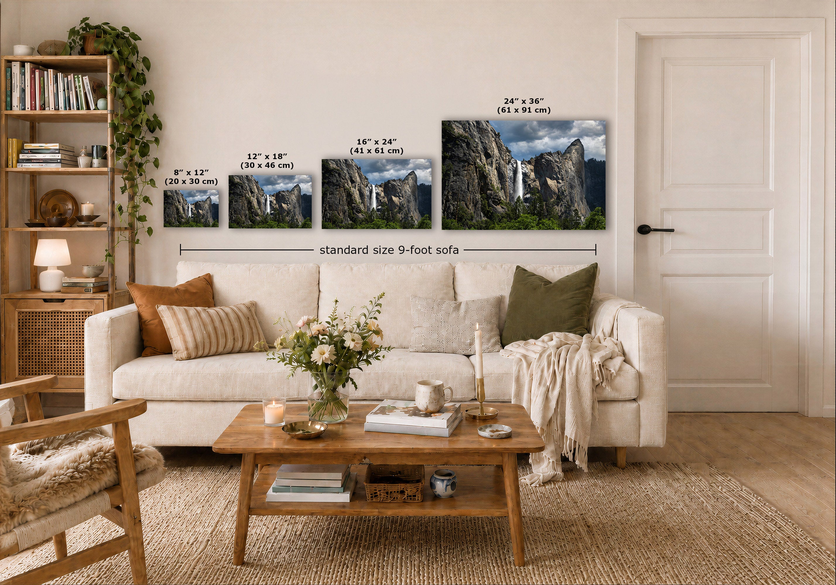 A staged living room showing four framed wall art prints above a sofa, with dimensions printed on each print and a note reading 'standard size 9-foot sofa.' Because a real interior environment is clearly present, this is Lifestyle rather than Product/Packaging, even though the prints are the product.