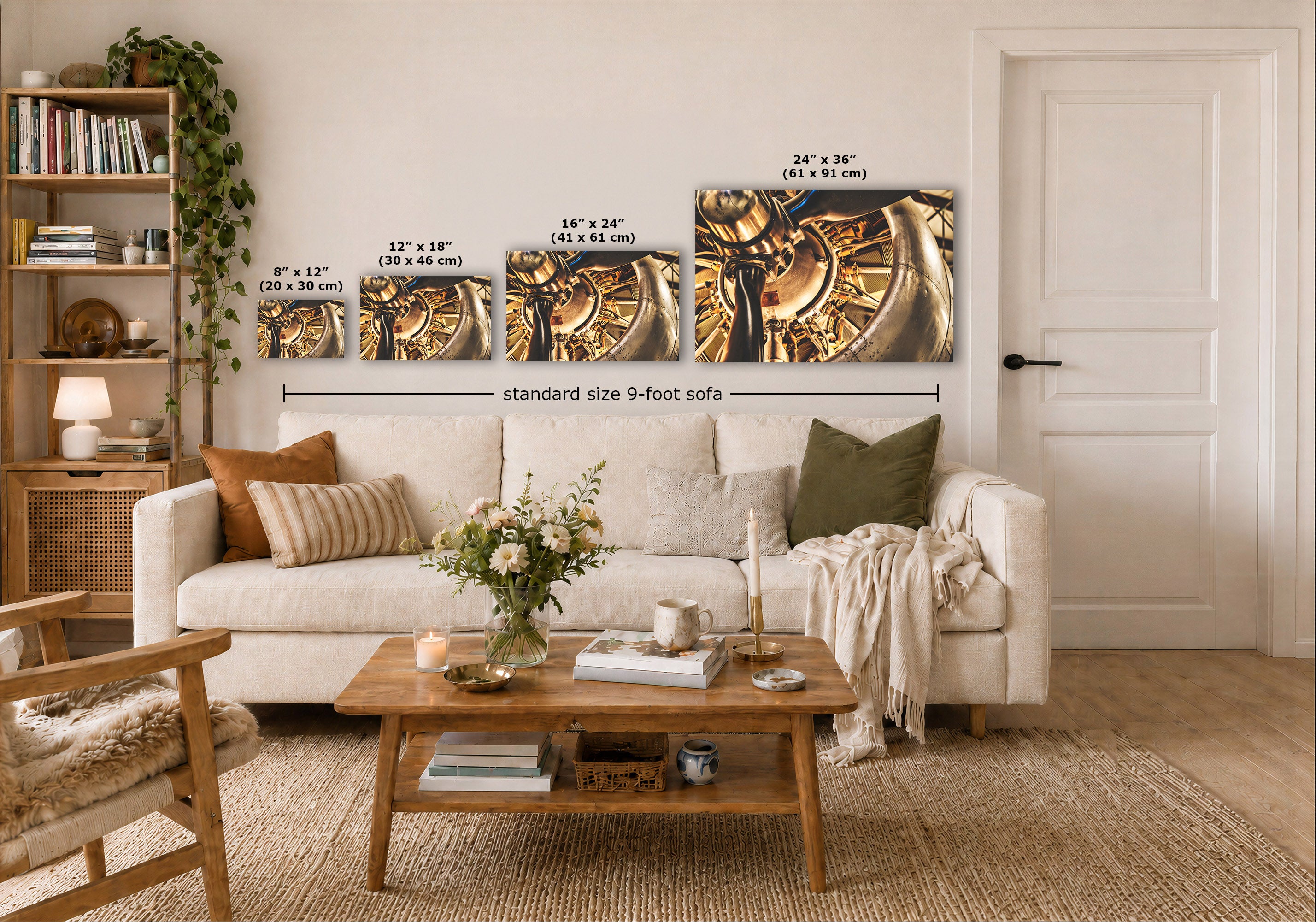 Four wall art prints showing close-up vintage Studebaker airplane engine, displayed above a white sofa in a styled living room. White text labels indicate sizes: 8" x 12", 12" x 18", 16" x 24", and 24" x 36", with a dimension line reading standard size 9-foot sofa.