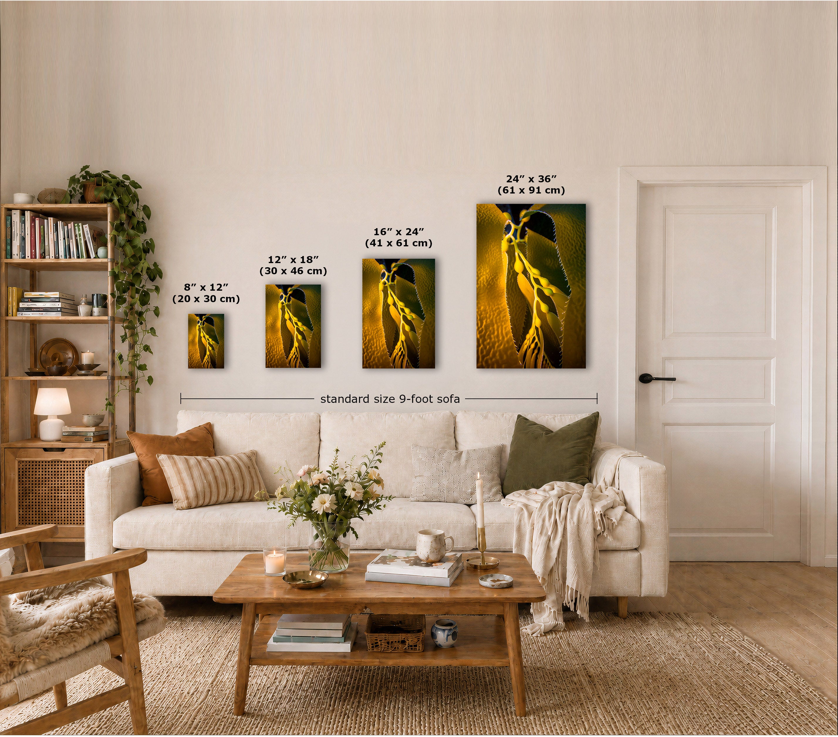 A staged living room showing four framed wall art prints above a sofa, each with overlaid size labels. The prints depict a stylized wall art print of California Giant Kelp.