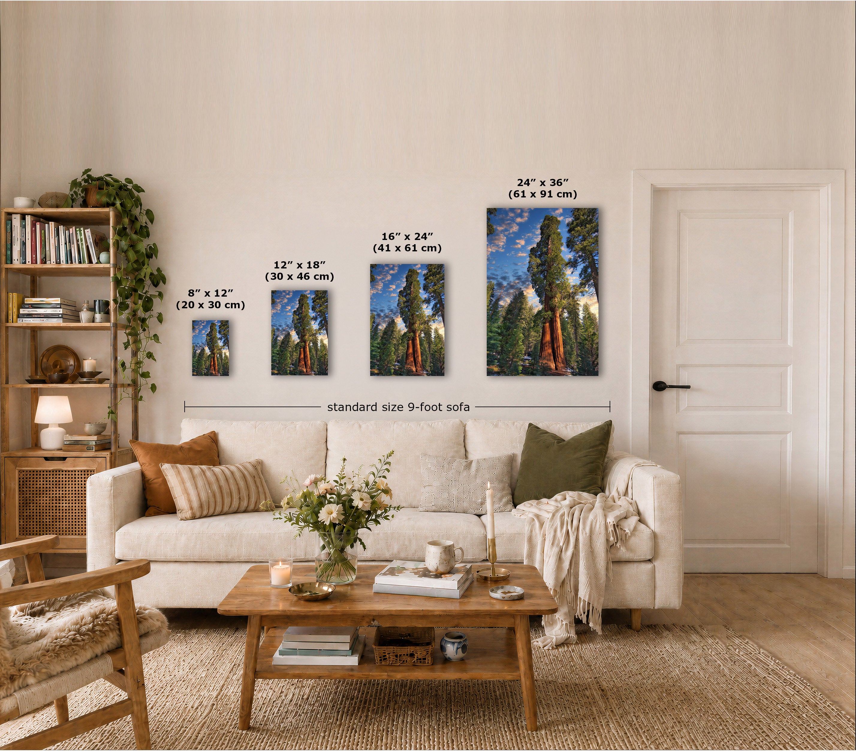 A staged living room shows four vertical Giant Sequoia art prints of a forest scene in different sizes above a sofa, with overlaid dimensions for each print and a note reading 'standard size 9-foot sofa.'