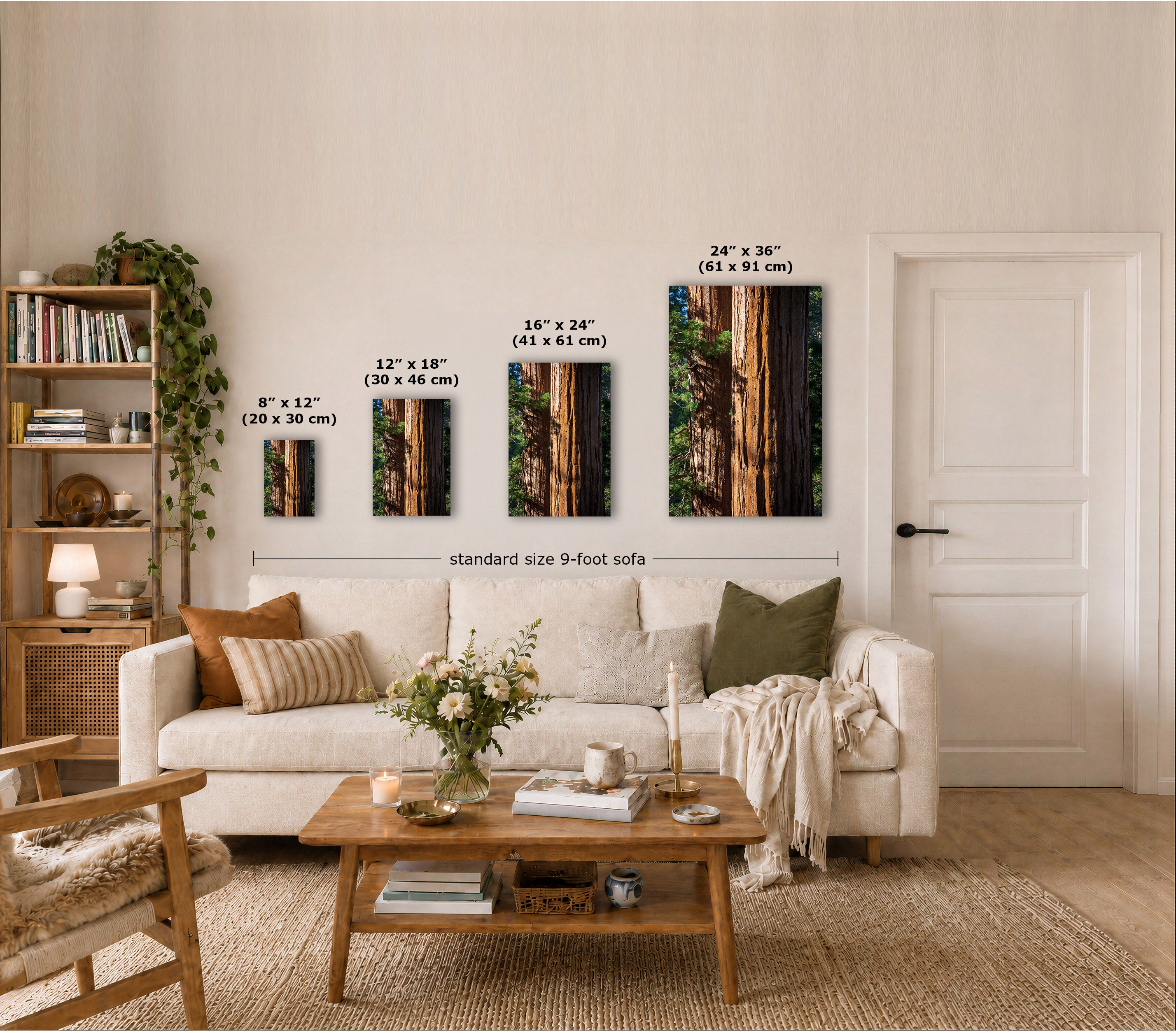 Four vertical wall art prints showing forest tree trunks are displayed above a sofa in a styled living room. White text labels indicate the dimensions of each print: 8" x 12" (20 x 30 cm), 12" x 18" (30 x 46 cm), 16" x 24" (41 x 61 cm), and 24" x 36" (61 x 91 cm).
