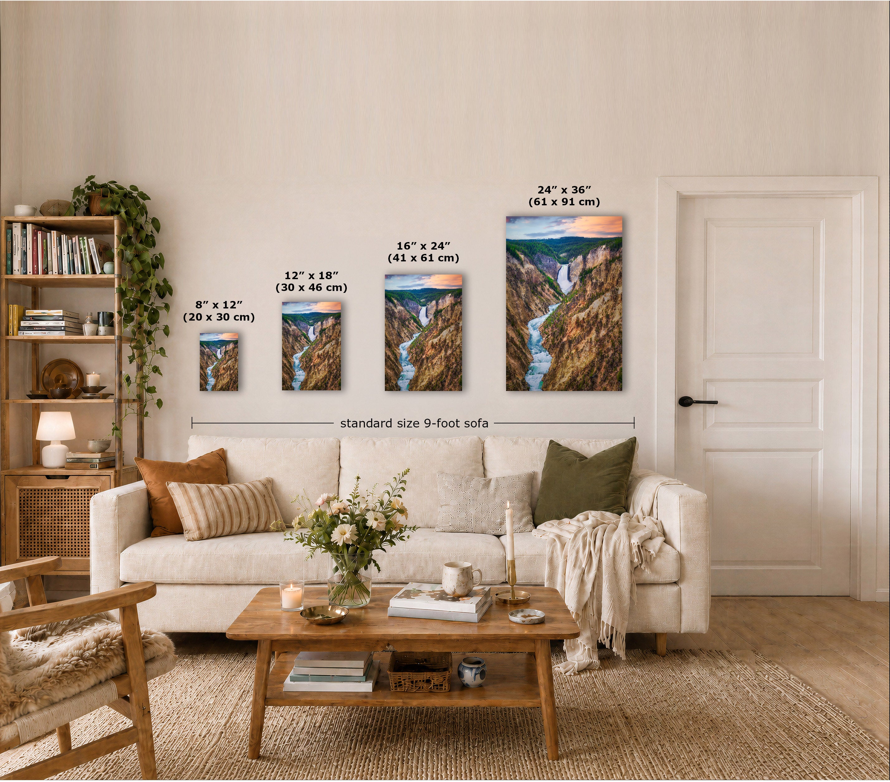 Four landscape wall art prints in different sizes displayed above a white sofa in a styled living room. Each print shows a canyon scene with a waterfall, and size labels with measurements are overlaid above and below the set of prints.