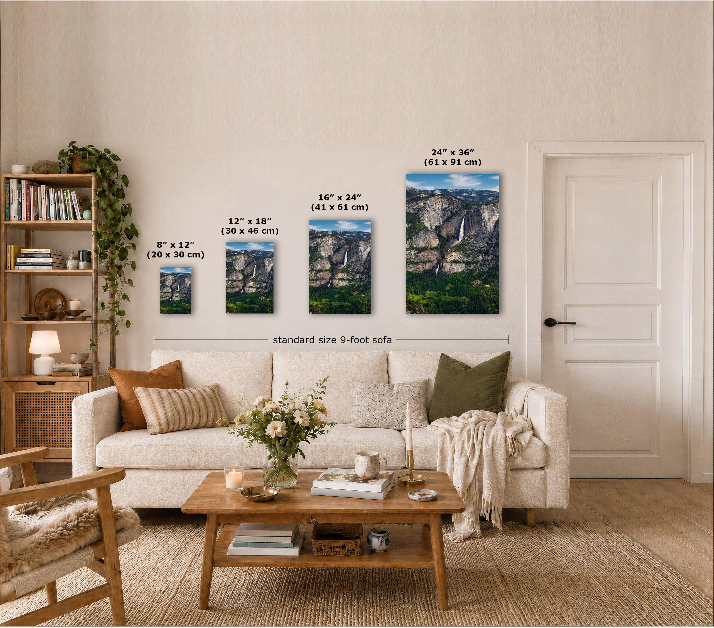 A staged living room shows four vertical wall art prints above a sofa, each with overlaid dimensions. The prints depict mountain and waterfall landscapes in blue, green, gray, and brown tones.