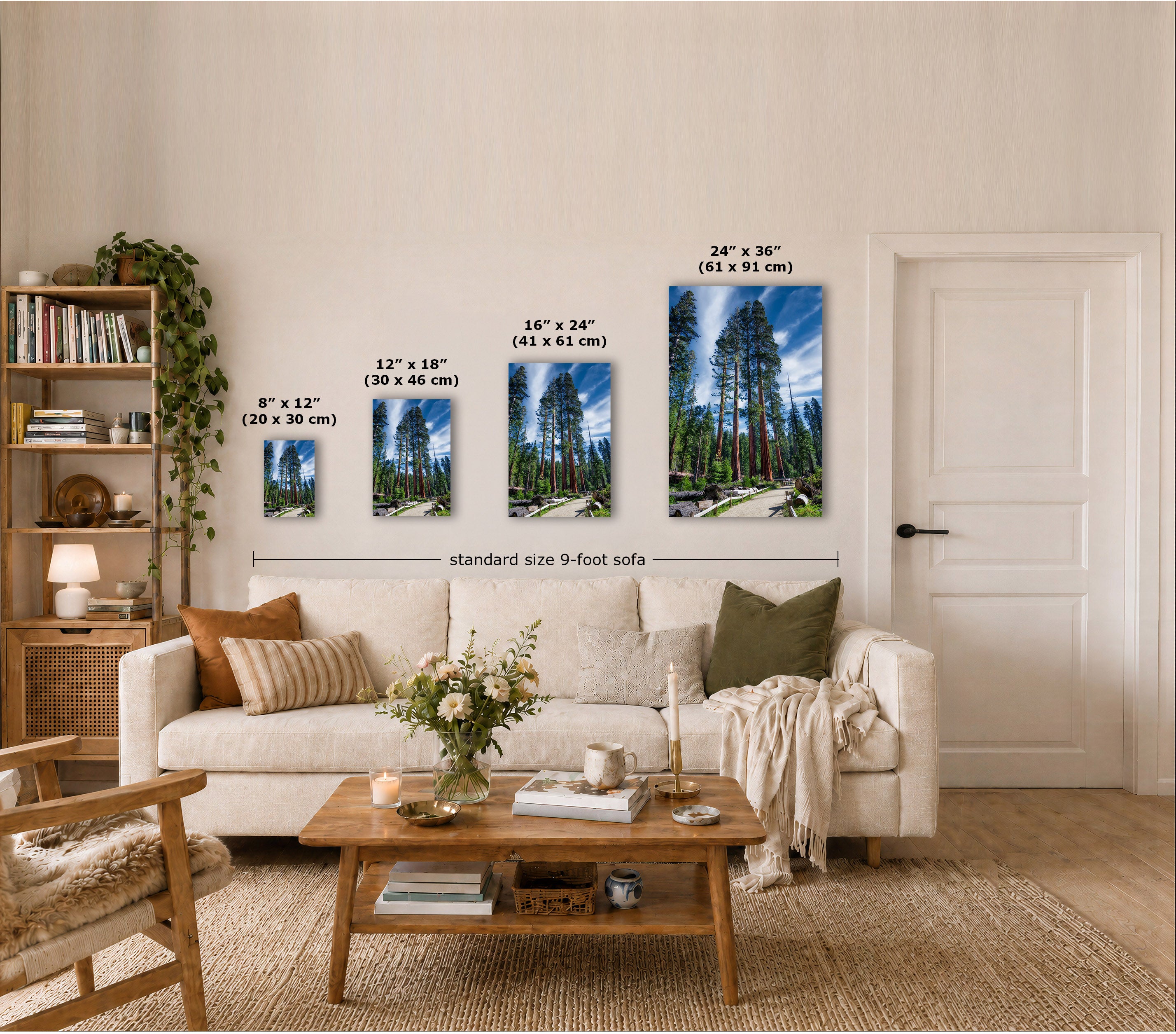 A staged living room shows a set of four vertical wall art prints depicting forest trees, each labeled with dimensions. The prints are displayed above a cream sofa, with a coffee table, bookshelf, and door in the room.