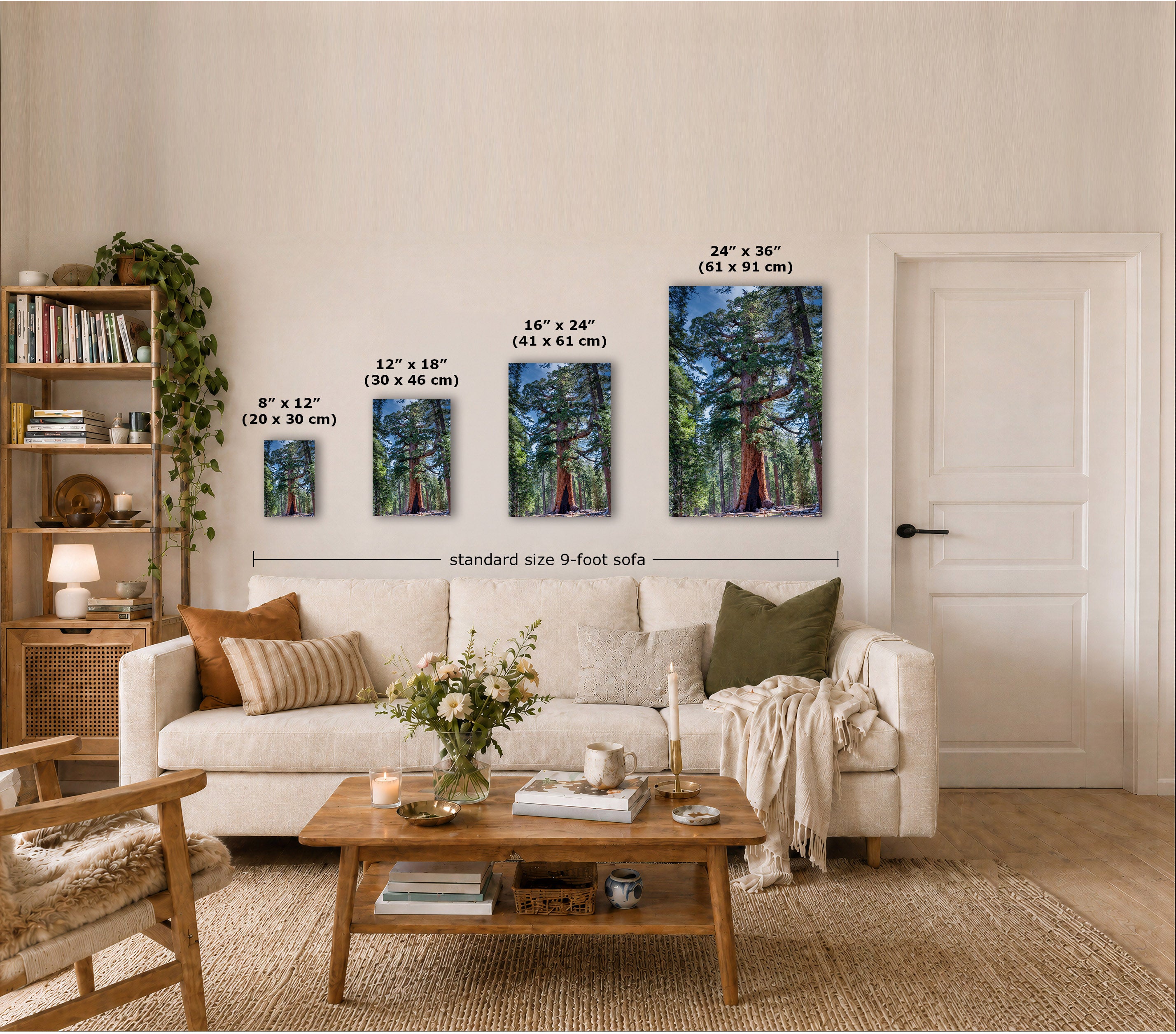 Four vertical wall art prints showing forest trees in blue-green tones, displayed above a white sofa in a styled living room. White text labels indicate the dimensions of each print: 8" x 12", 12" x 18", 16" x 24", and 24" x 36", with a dimension line reading standard size 9-foot sofa.