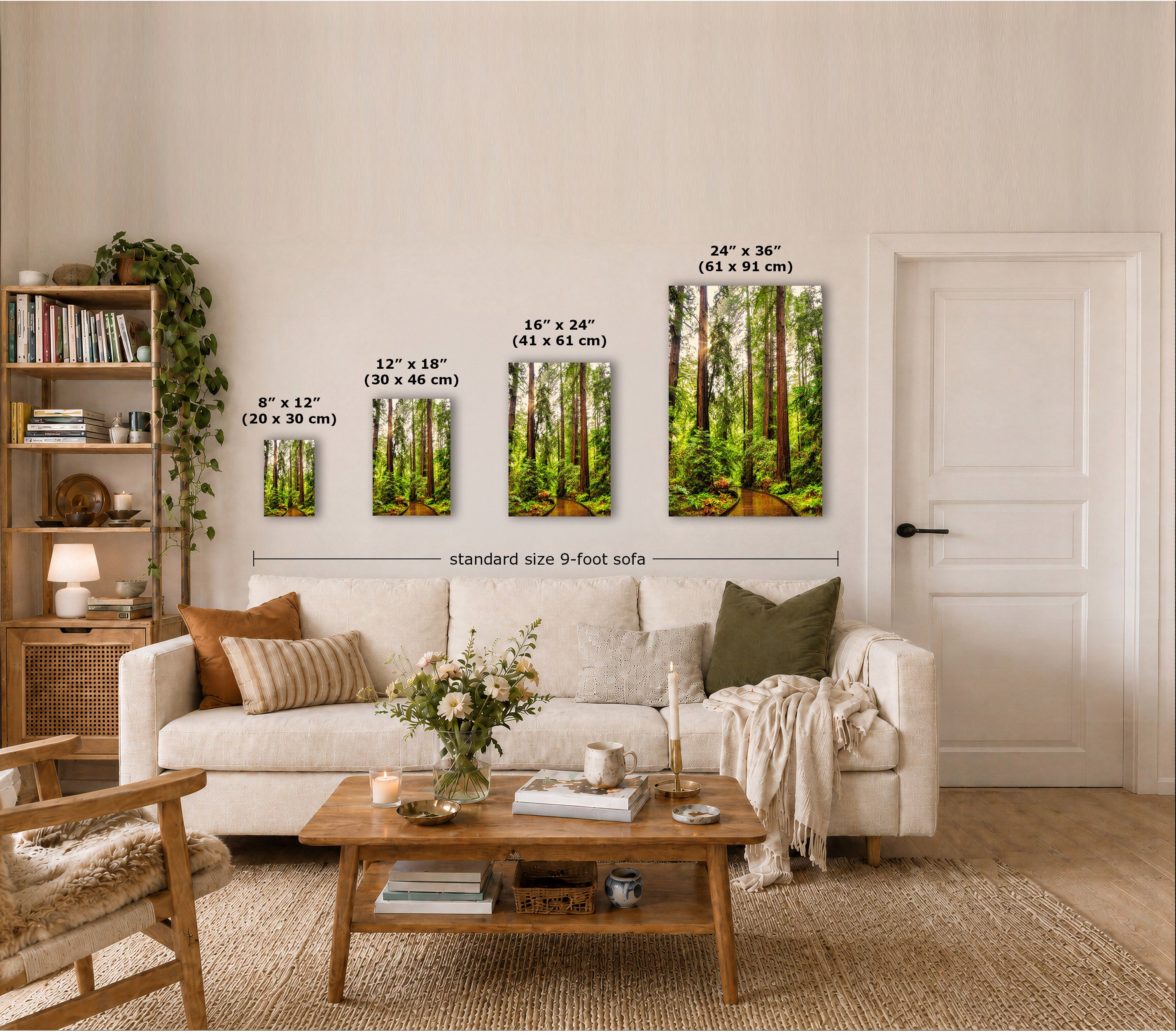 A staged living room showing four vertical forest wall art prints in different sizes above a sofa, with overlaid dimensions and a note reading 'standard size 9-foot sofa.'