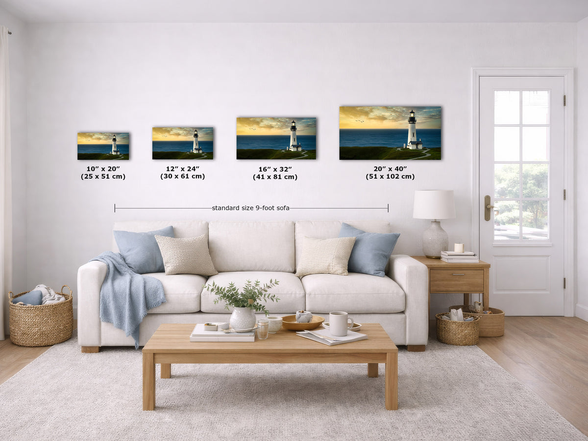 A staged living room shows four framed lighthouse wall art prints above a sofa, with size labels for each print and a note reading standard size 9-foot sofa.