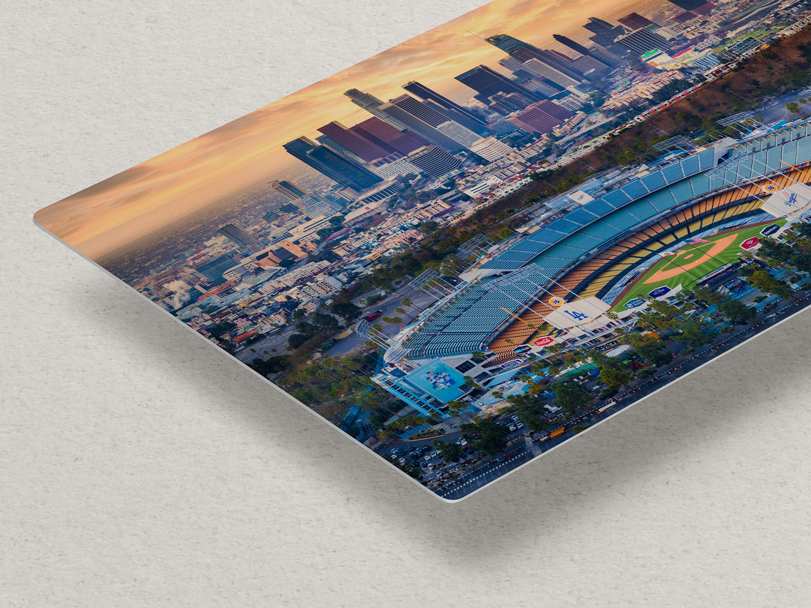 Metal print of Dodger Stadium aerial photography with the Los Angeles skyline glowing at sunset, baseball wall art