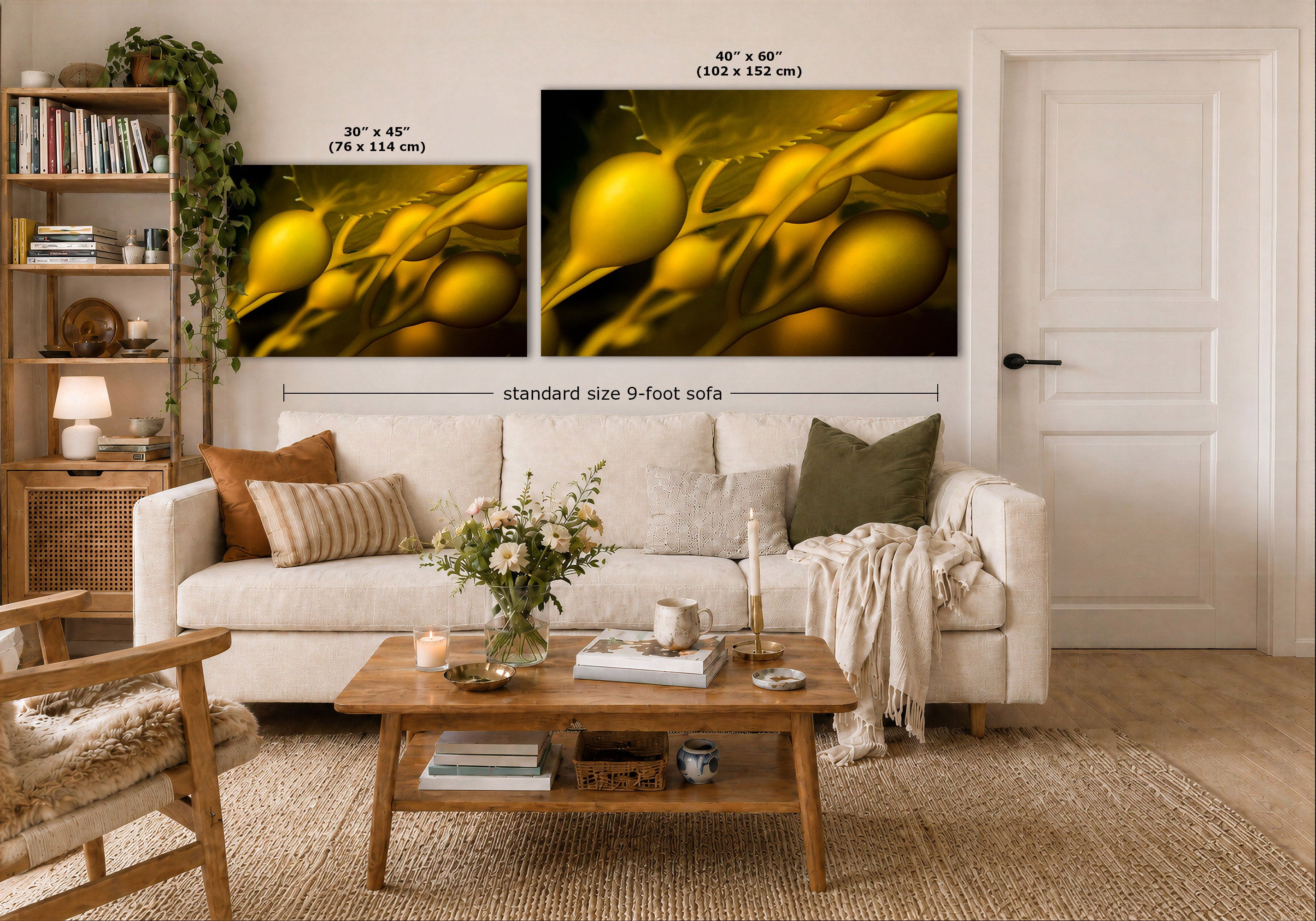 A styled living room showing two wall art prints above a sofa. The prints depict an abstract close-up of underwater kelp on a dark background.