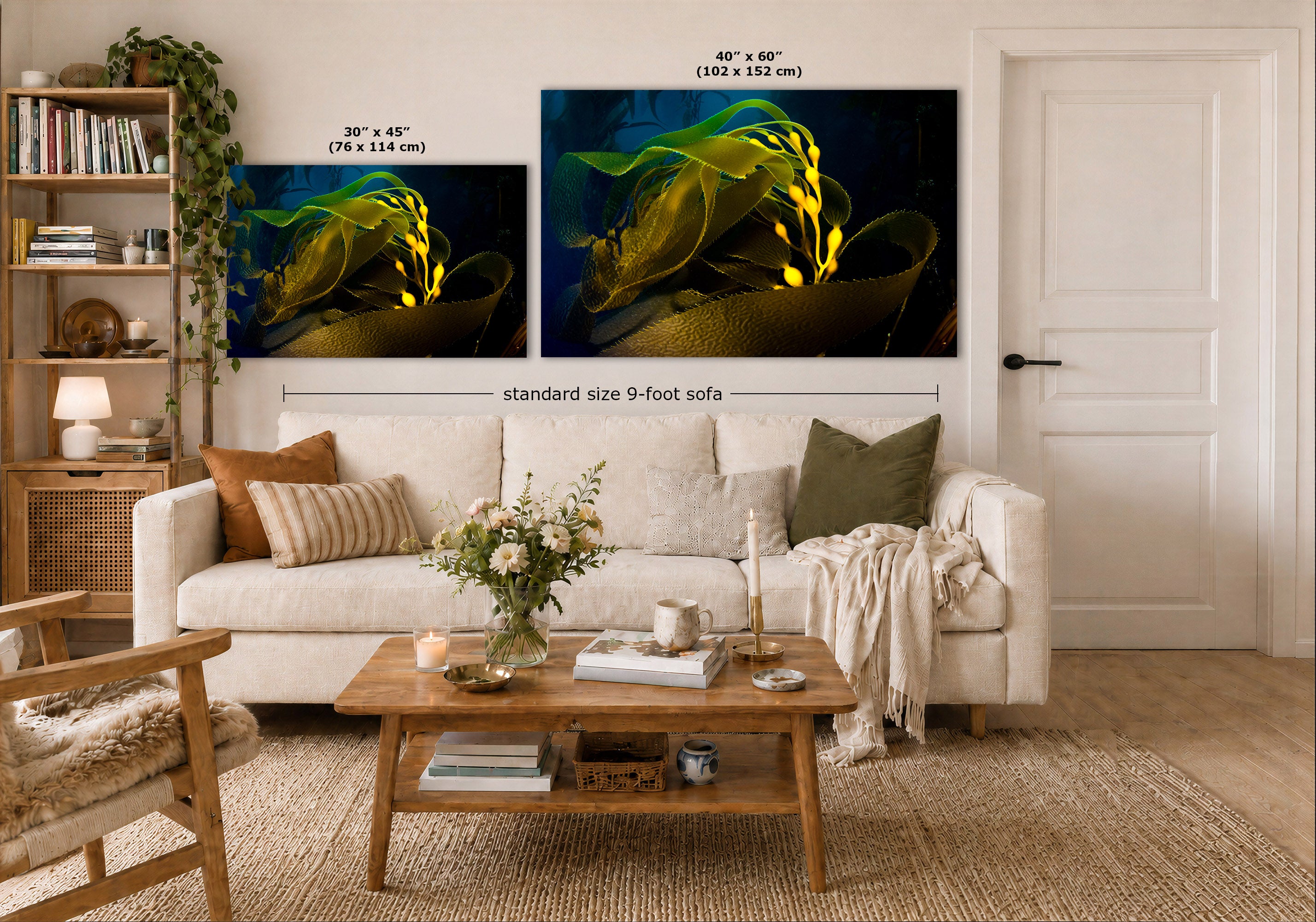 Two wall art prints showing abstract yellow-green kelp imagery on a dark background, displayed above a white sofa in a styled living room. Text labels indicate the smaller print is 30 x 45 inches and the larger print is 40 x 60 inches, with 'standard size 9-foot sofa' centered below.