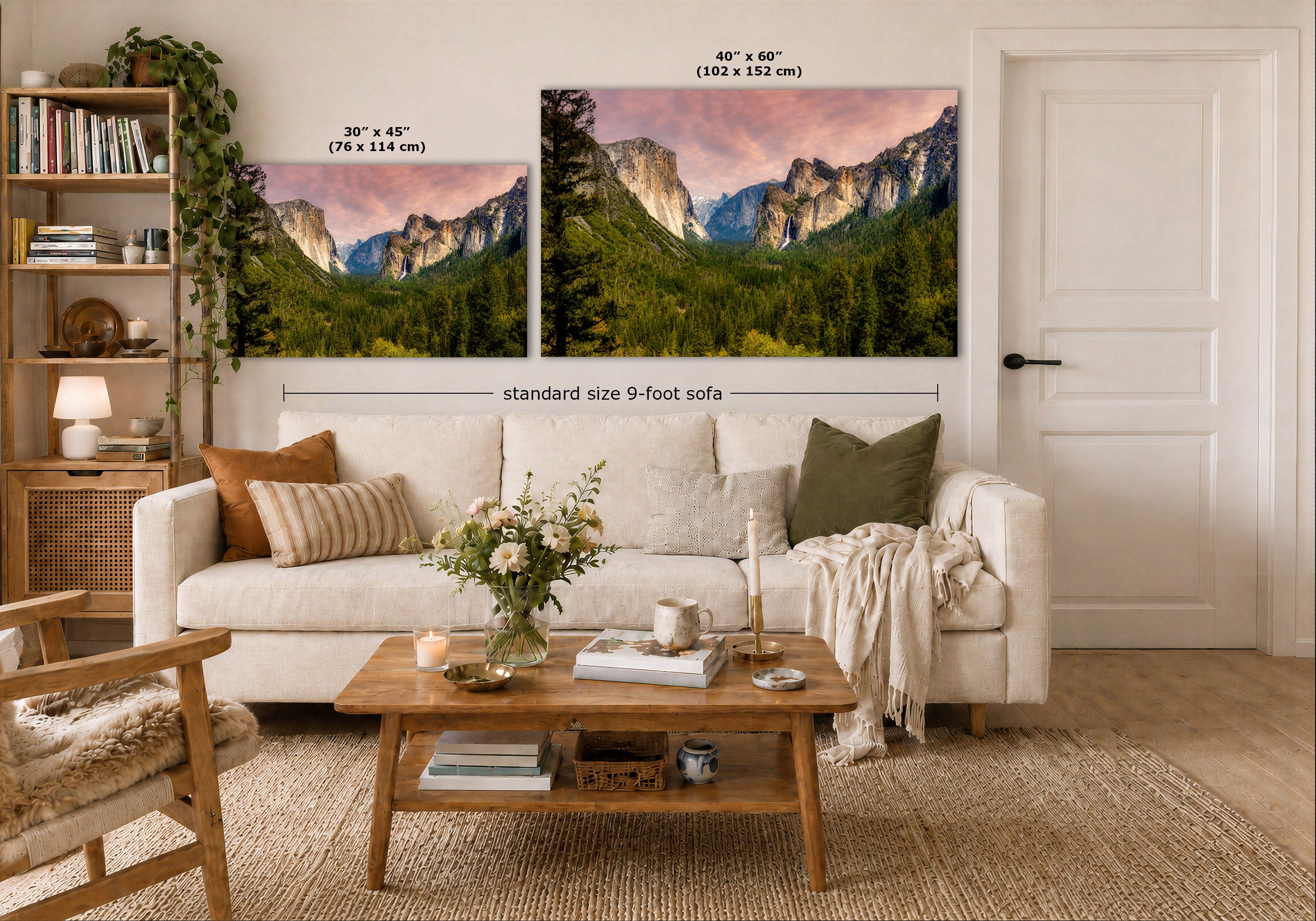 A staged living room shows two mountain landscape wall art prints above a white sofa. The left print is labeled 30 x 45 inches, and the right print is labeled 40 x 60 inches, with a note reading standard size 9-foot sofa.