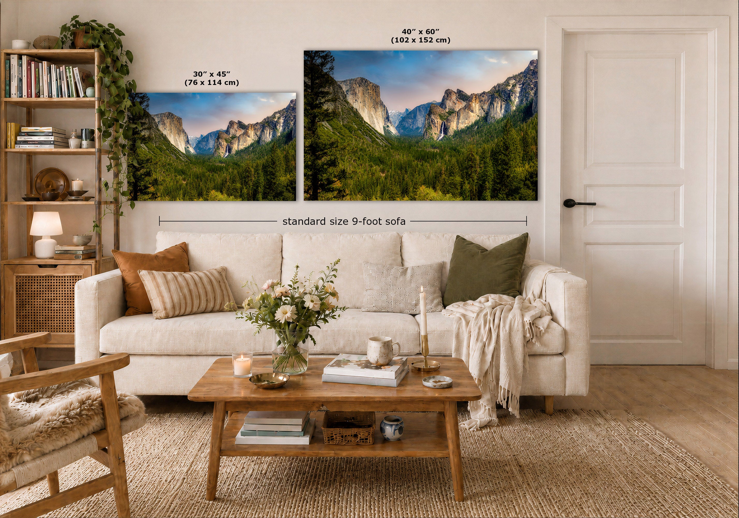 A styled living room showing two mountain landscape prints above a white sofa. The left print is labeled 30 x 45 inches, and the larger right print is labeled 40 x 60 inches, with text indicating standard size 9-foot sofa.