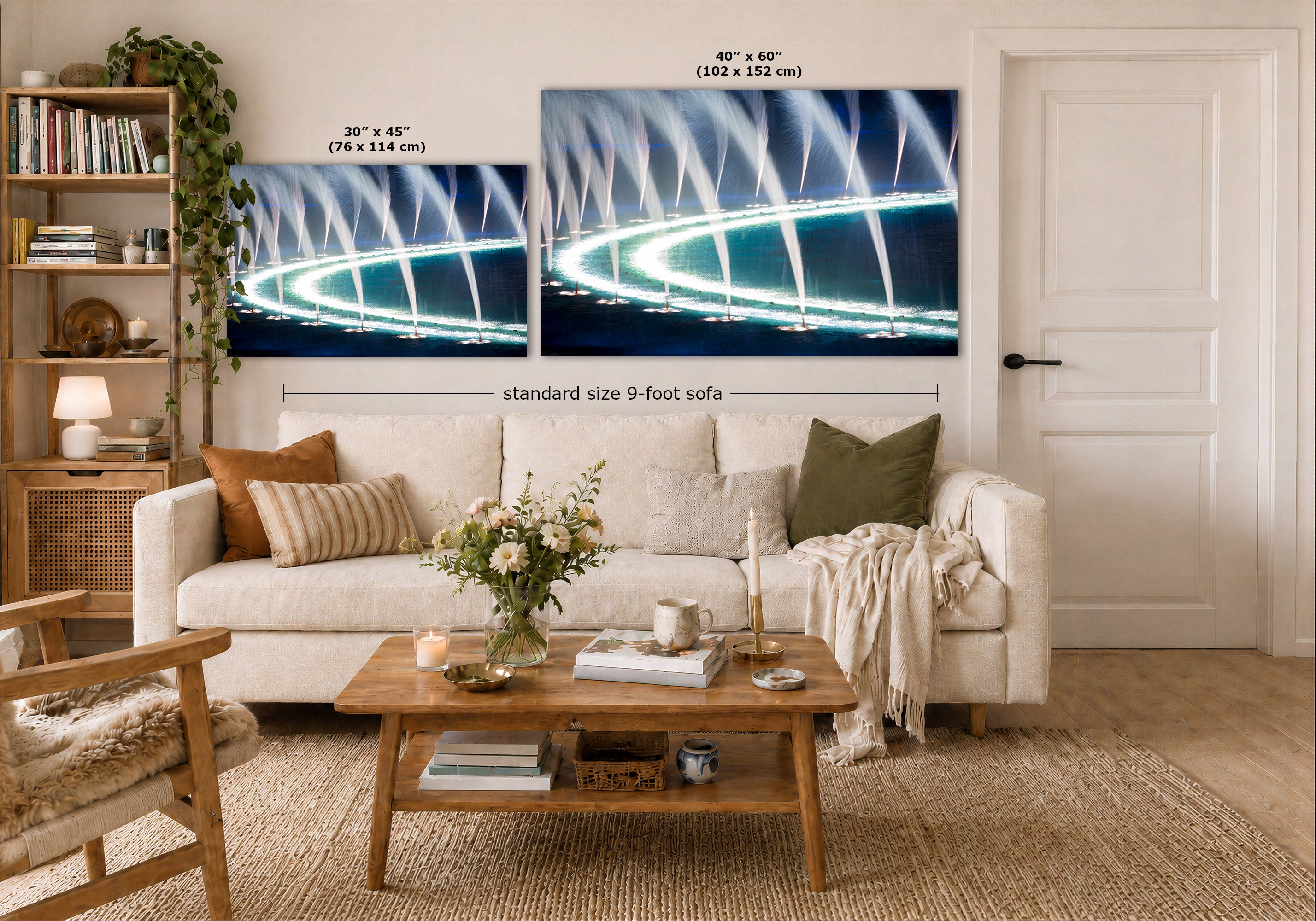 A styled living room showing two wall art prints above a sofa, with overlaid size labels: 30 x 45 in (76 x 114 cm) and 40 x 60 in (102 x 152 cm), plus a note for the standard size 9-foot sofa.