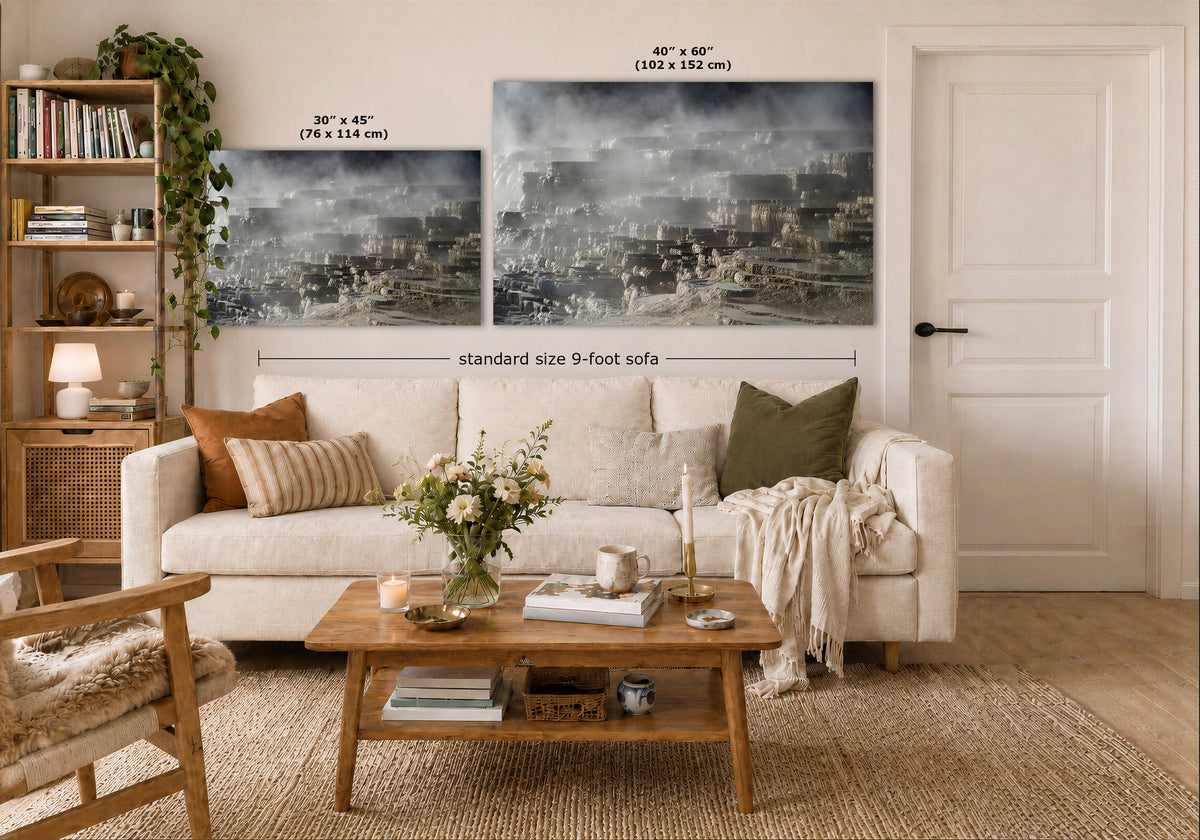 A styled living room showing two large wall art prints above a cream sofa. The prints depict a geothermal terrace in grayscale.