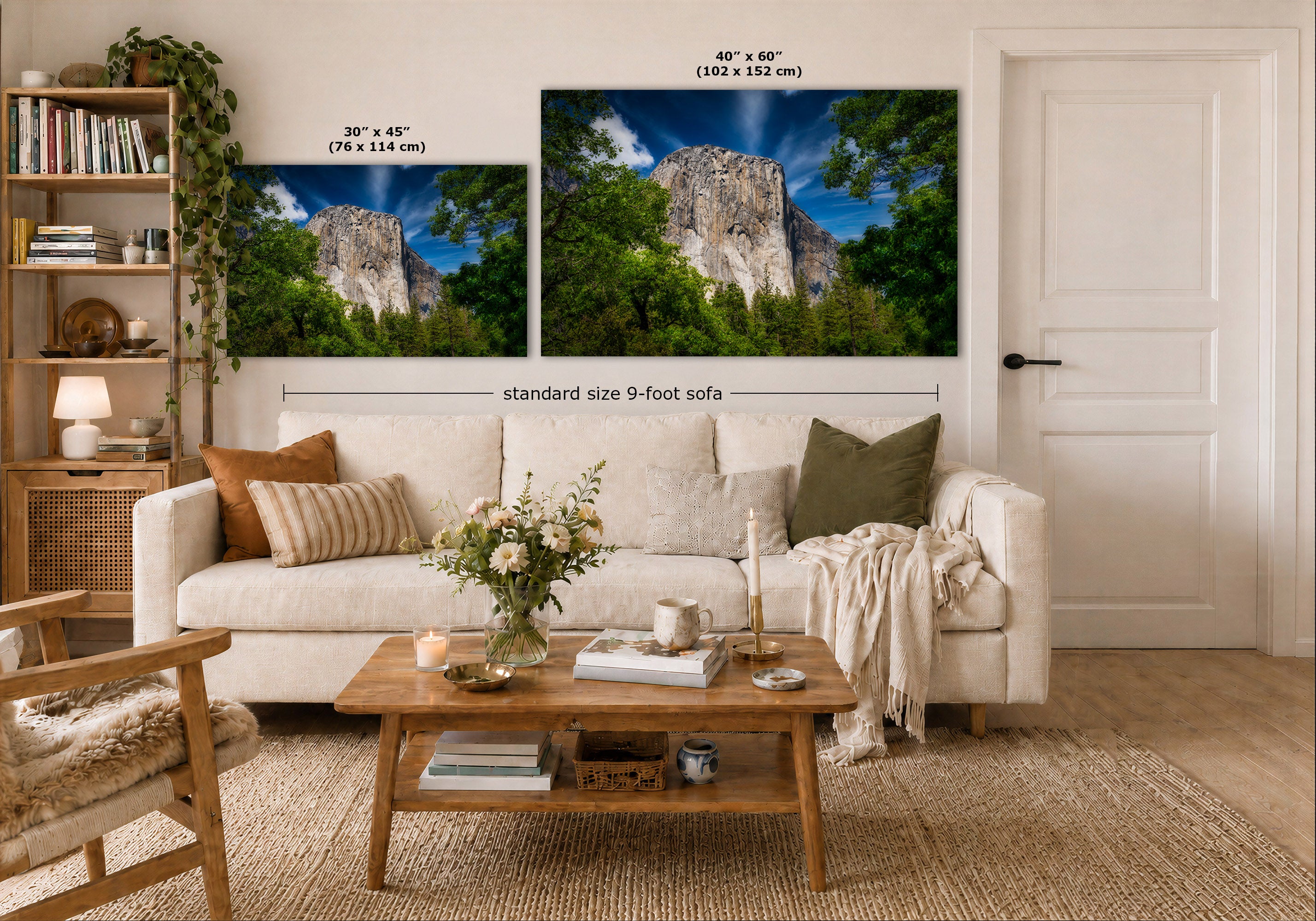 Two wall art prints showing mountain rock landscapes are displayed above a white sofa in a styled living room. The left print is labeled 30 x 45 inches, and the right print is labeled 40 x 60 inches, with a note indicating standard size 9-foot sofa placement.