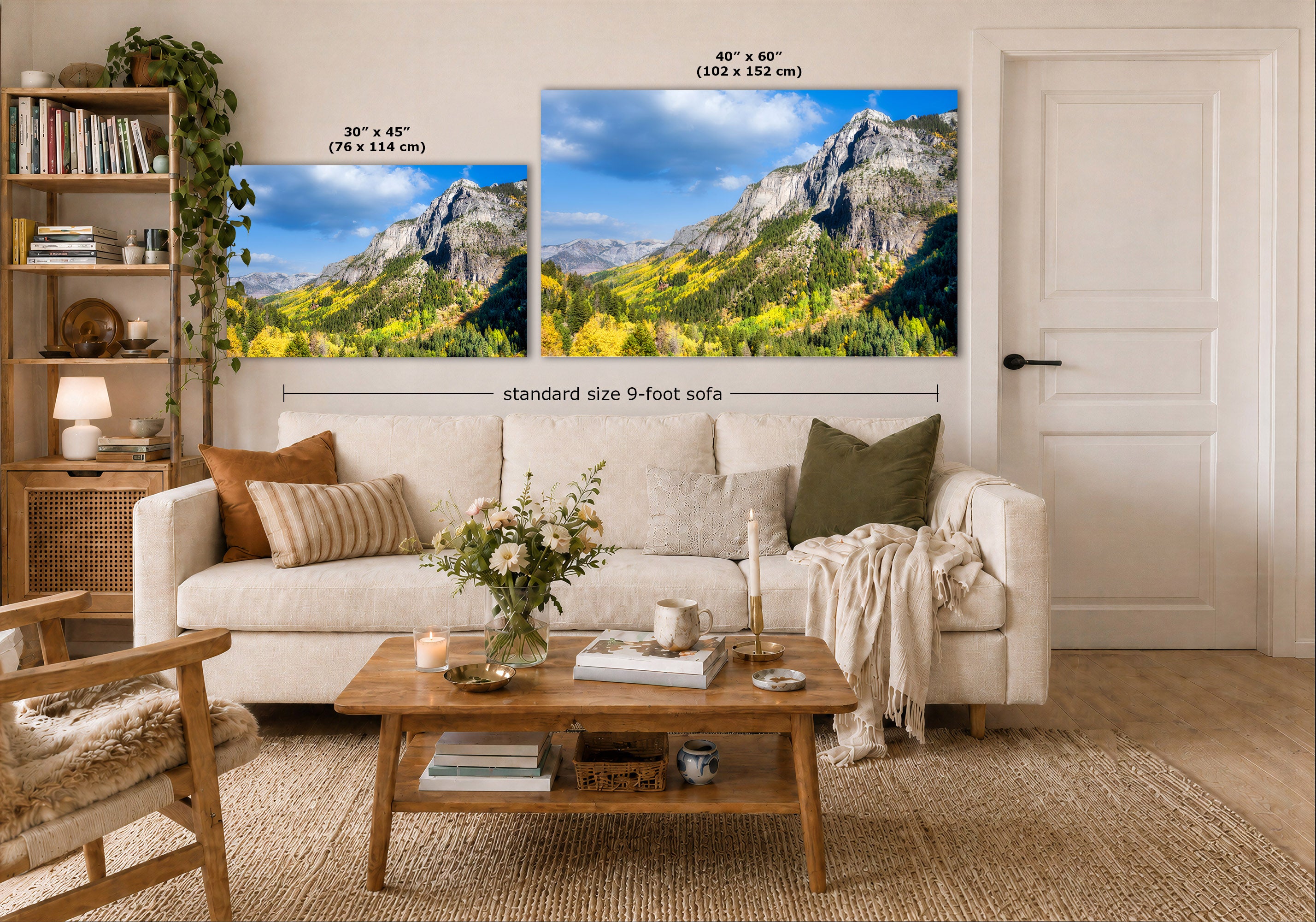 Two mountain landscape wall art prints are shown above a white sofa in a styled living room. The left print is labeled 30 x 45 inches, and the larger right print is labeled 40 x 60 inches.